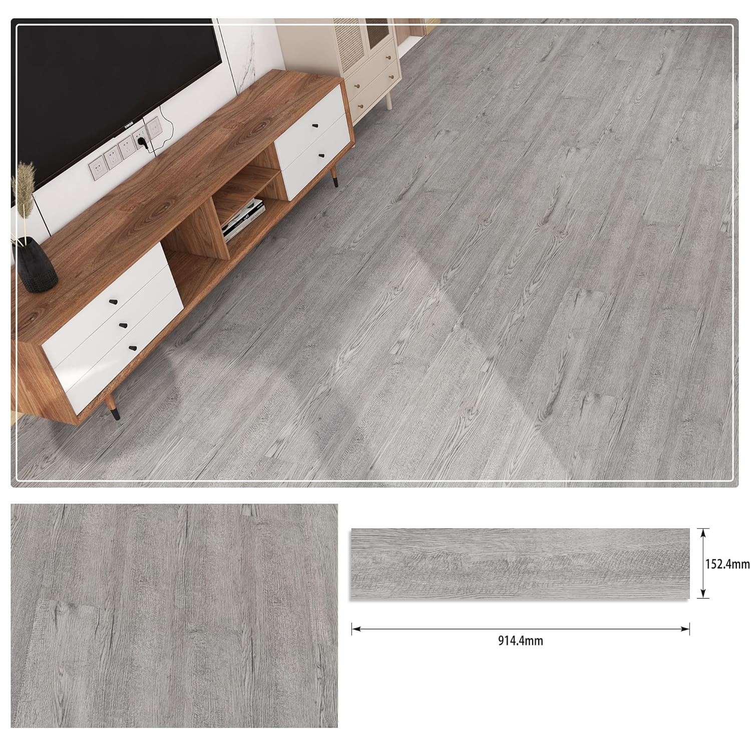 Set 36 Placi Autoadezive pentru Pardoseala, Flippy, din PVC, Impermeabil, Ignifug, Usor de Curatat, Dimensiune Placa 91.44 x 15.24 cm, Grosime 1.5 mm, Acoperire 5 m2, Model 3, Gri