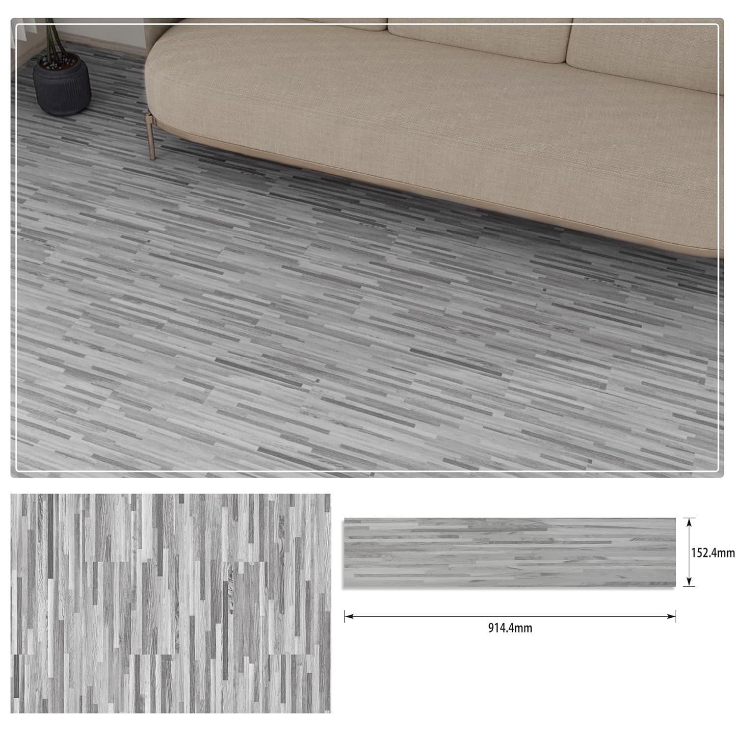 Set 36 Placi Autoadezive pentru Pardoseala, Flippy, din PVC, Impermeabil, Ignifug, Usor de Curatat, Dimensiune Placa 91.44 x 15.24 cm, Grosime 1.5 mm, Acoperire 5 m2, Model 4, Gri