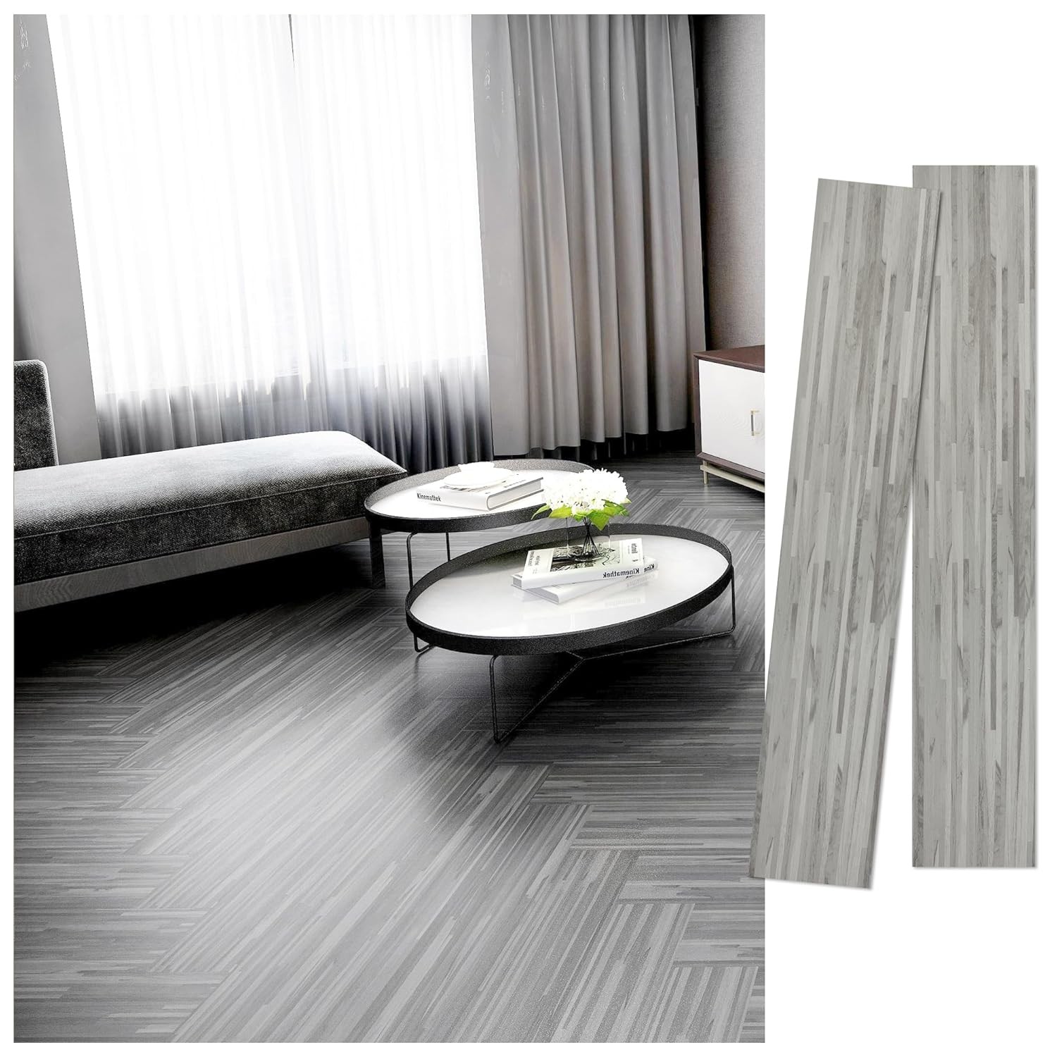 Set 36 Placi Autoadezive pentru Pardoseala, Flippy, din PVC, Impermeabil, Ignifug, Usor de Curatat, Dimensiune Placa 91.44 x 15.24 cm, Grosime 1.5 mm, Acoperire 5 m2, Model 4, Gri