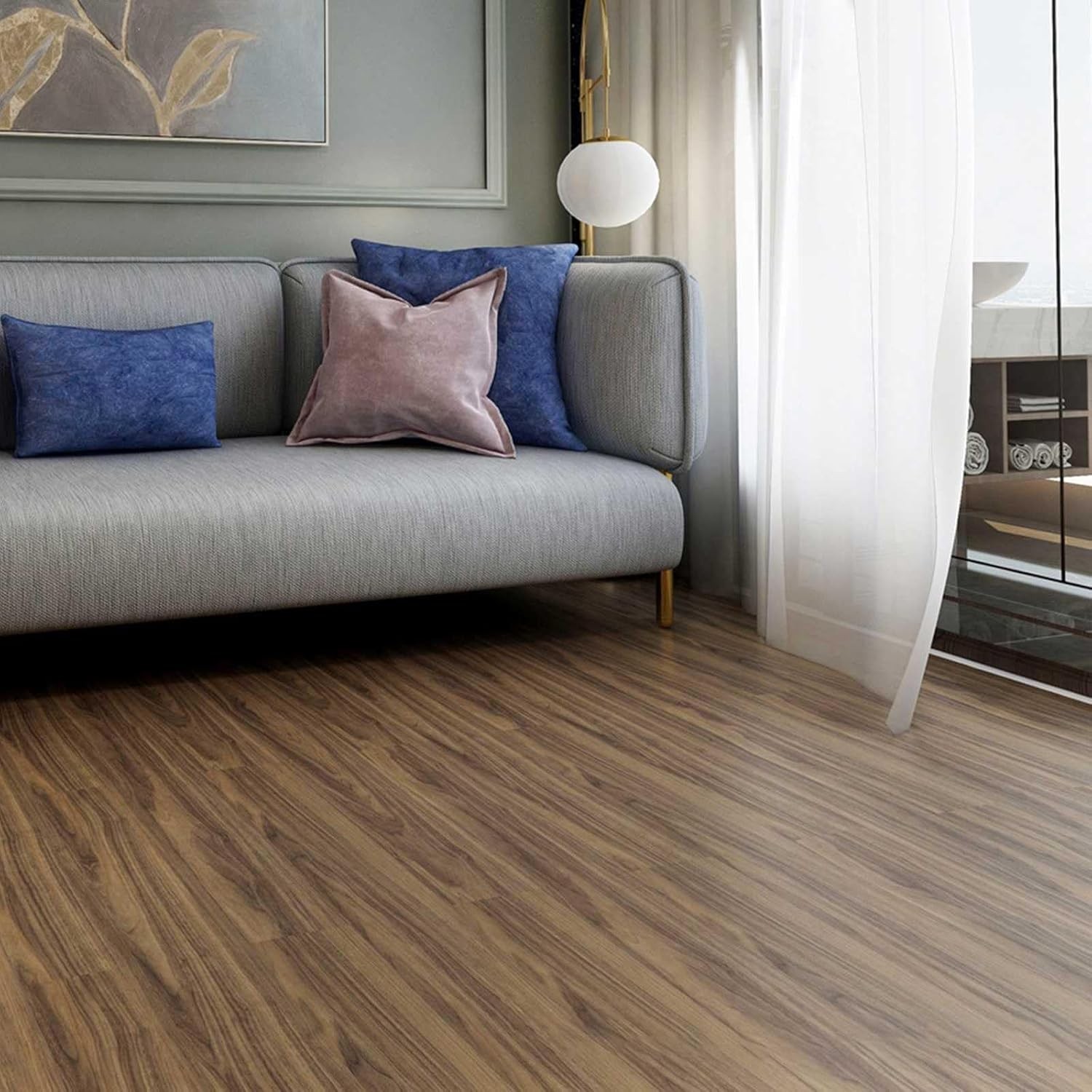 Set 36 Placi Autoadezive pentru Pardoseala, Flippy, din PVC, Impermeabil, Ignifug, Usor de Curatat, Dimensiune Placa 91.44 x 15.24 cm, Grosime 1.5 mm, Acoperire 5 m2, Model 5, Maro