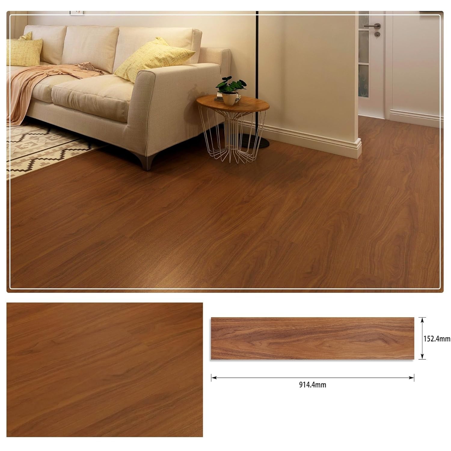 Set 36 Placi Autoadezive pentru Pardoseala, Flippy, din PVC, Impermeabil, Ignifug, Usor de Curatat, Dimensiune Placa 91.44 x 15.24 cm, Grosime 1.5 mm, Acoperire 5 m2, Model 8, Caramiziu