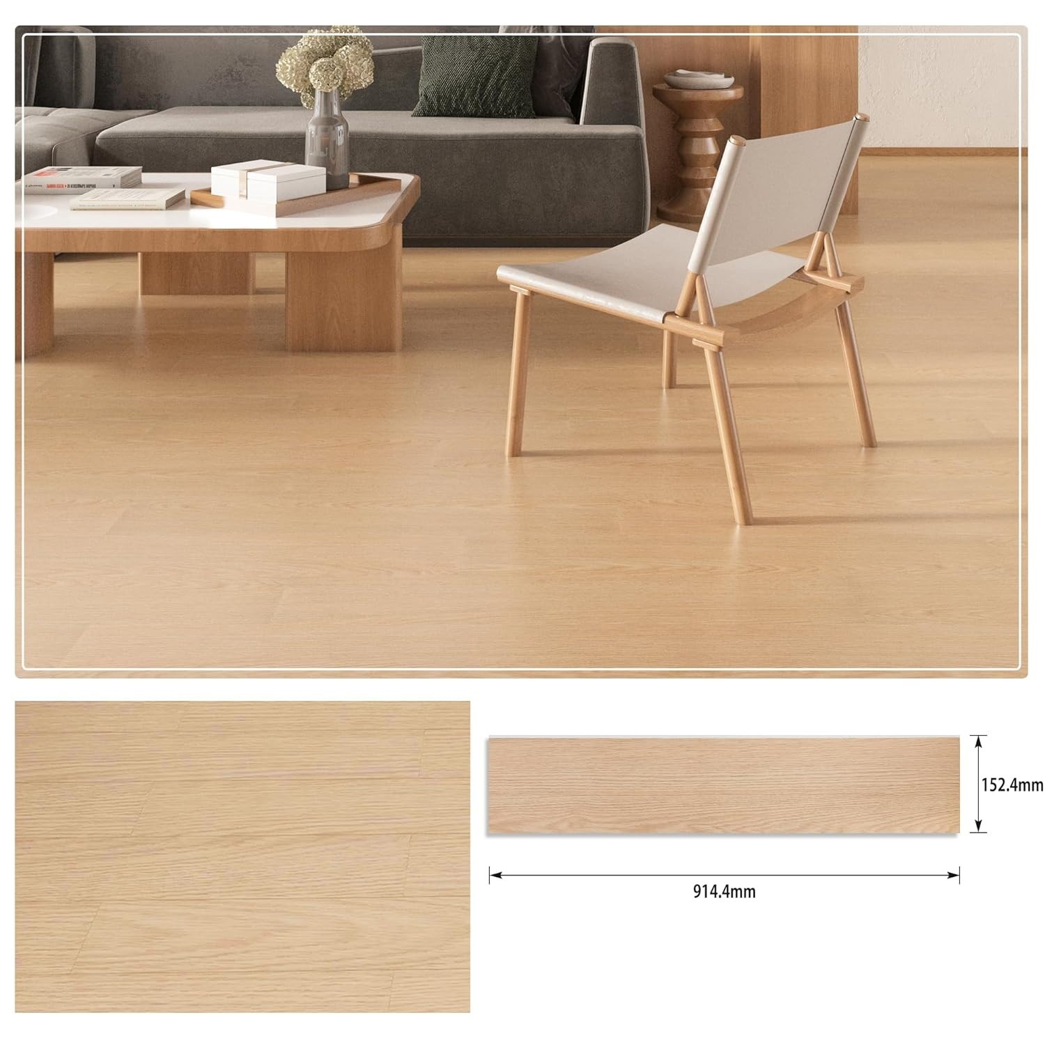 Set 36 Placi Autoadezive pentru Pardoseala, Flippy, din PVC, Impermeabil, Ignifug, Usor de Curatat, Dimensiune Placa 91.44 x 15.24 cm, Grosime 1.5 mm, Acoperire 5 m2, Model 9, Bej