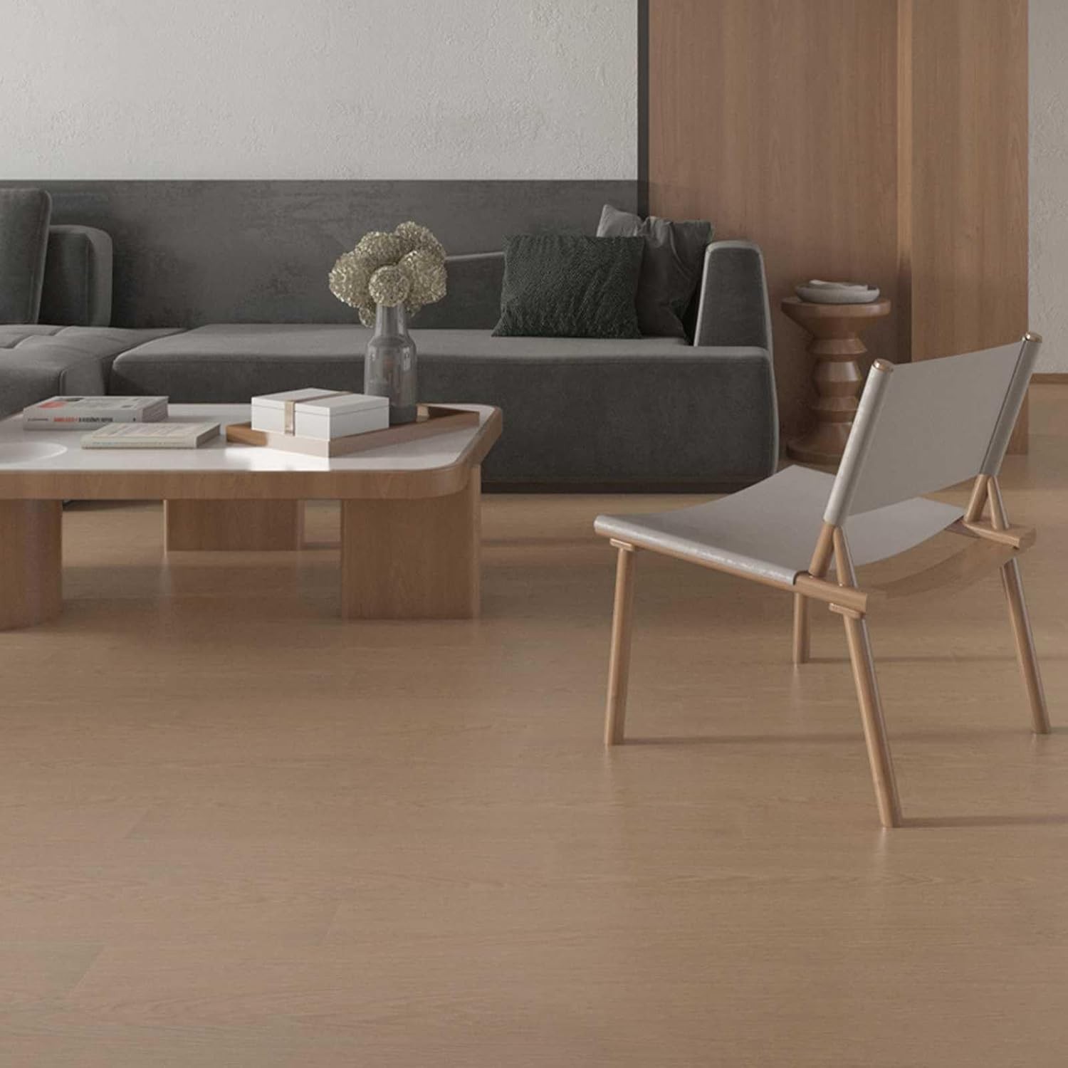 Set 36 Placi Autoadezive pentru Pardoseala, Flippy, din PVC, Impermeabil, Ignifug, Usor de Curatat, Dimensiune Placa 91.44 x 15.24 cm, Grosime 1.5 mm, Acoperire 5 m2, Model 9, Bej