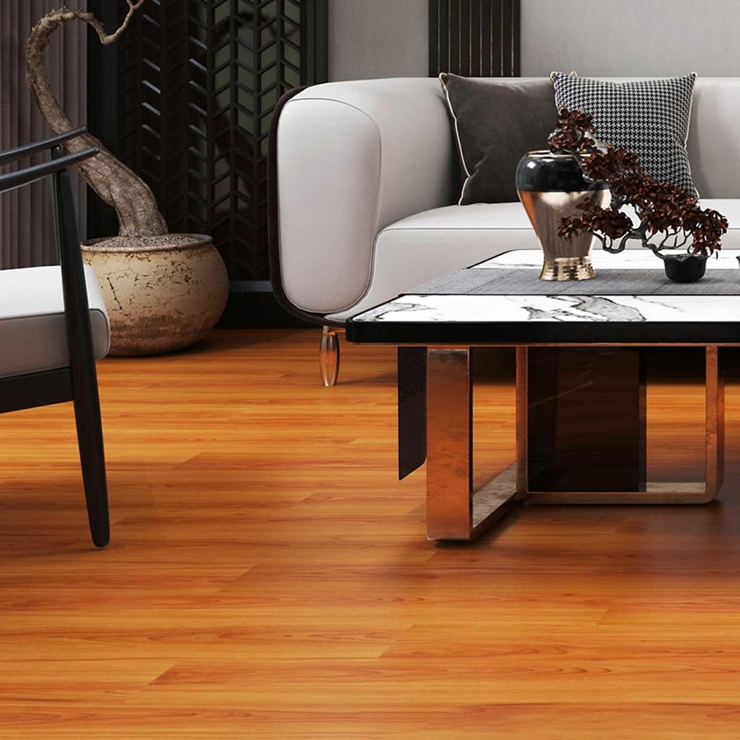 Set 36 Placi Autoadezive pentru Pardoseala, Flippy, din PVC, Impermeabil, Ignifug, Usor de Curatat, Dimensiune Placa 91.44 x 15.24 cm, Grosime 1.5 mm, Acoperire 5 m2, Model 10, Maro