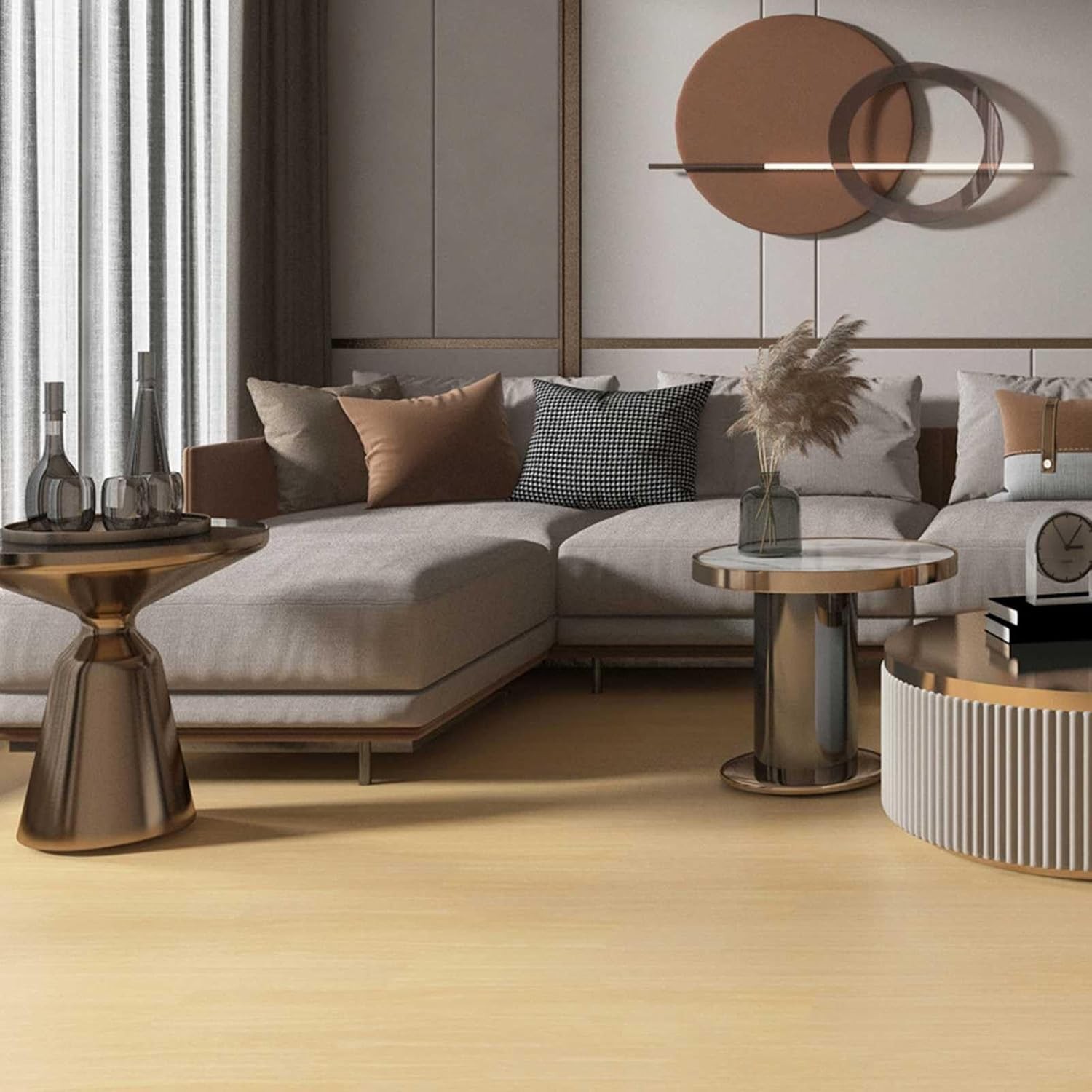 Set 36 Placi Autoadezive pentru Pardoseala, Flippy, din PVC, Impermeabil, Ignifug, Usor de Curatat, Dimensiune Placa 91.44 x 15.24 cm, Grosime 1.5 mm, Acoperire 5 m2, Model 11, Crem