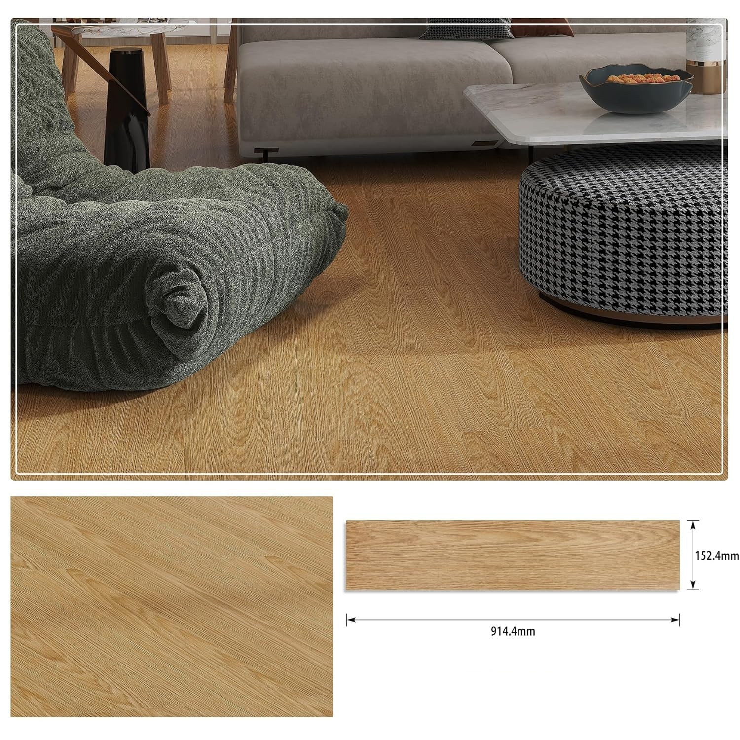 Set 36 Placi Autoadezive pentru Pardoseala, Flippy, din PVC, Impermeabil, Ignifug, Usor de Curatat, Dimensiune Placa 91.44 x 15.24 cm, Grosime 1.5 mm, Acoperire 5 m2, Model 12, Crem