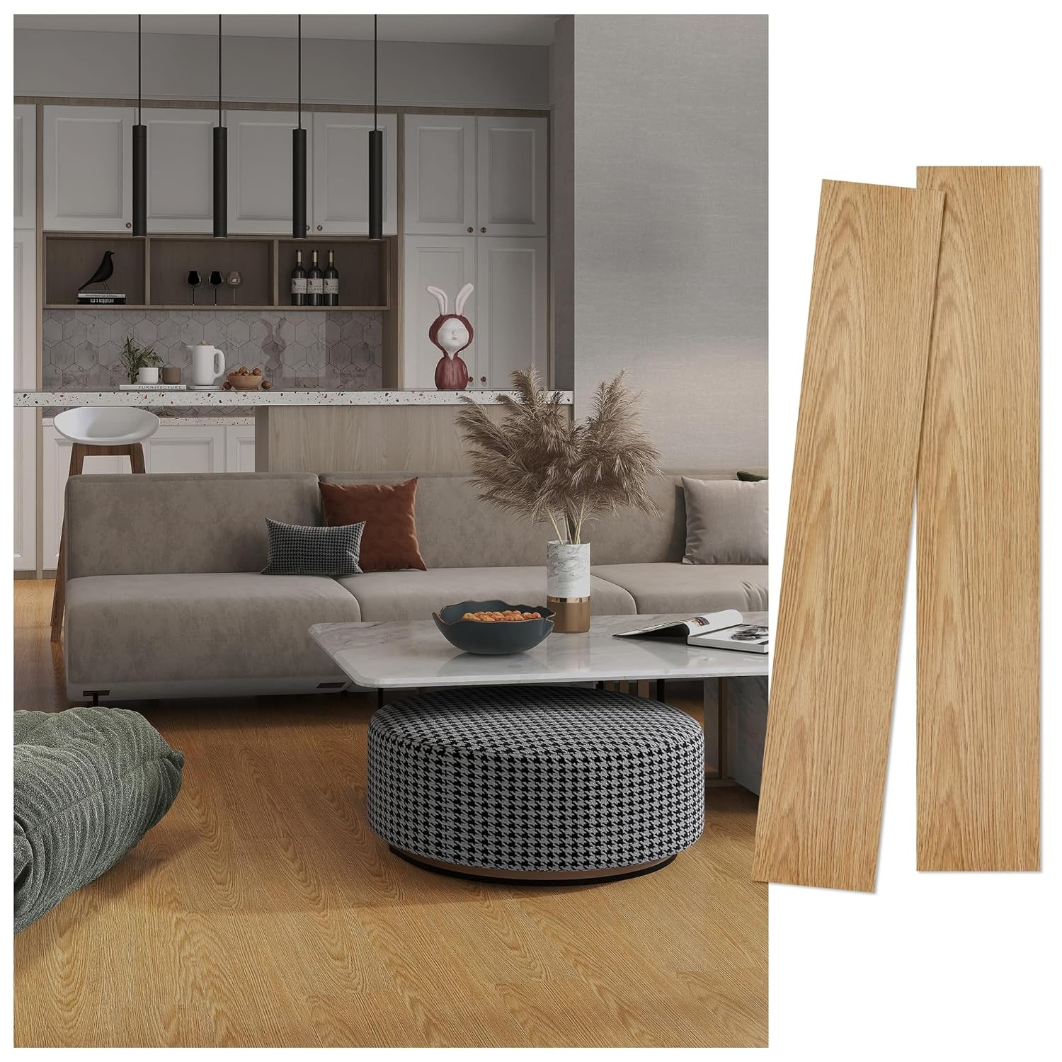 Set 36 Placi Autoadezive pentru Pardoseala, Flippy, din PVC, Impermeabil, Ignifug, Usor de Curatat, Dimensiune Placa 91.44 x 15.24 cm, Grosime 1.5 mm, Acoperire 5 m2, Model 12, Crem