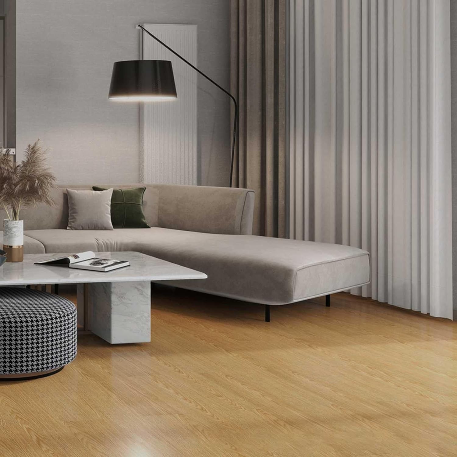 Set 36 Placi Autoadezive pentru Pardoseala, Flippy, din PVC, Impermeabil, Ignifug, Usor de Curatat, Dimensiune Placa 91.44 x 15.24 cm, Grosime 1.5 mm, Acoperire 5 m2, Model 12, Crem