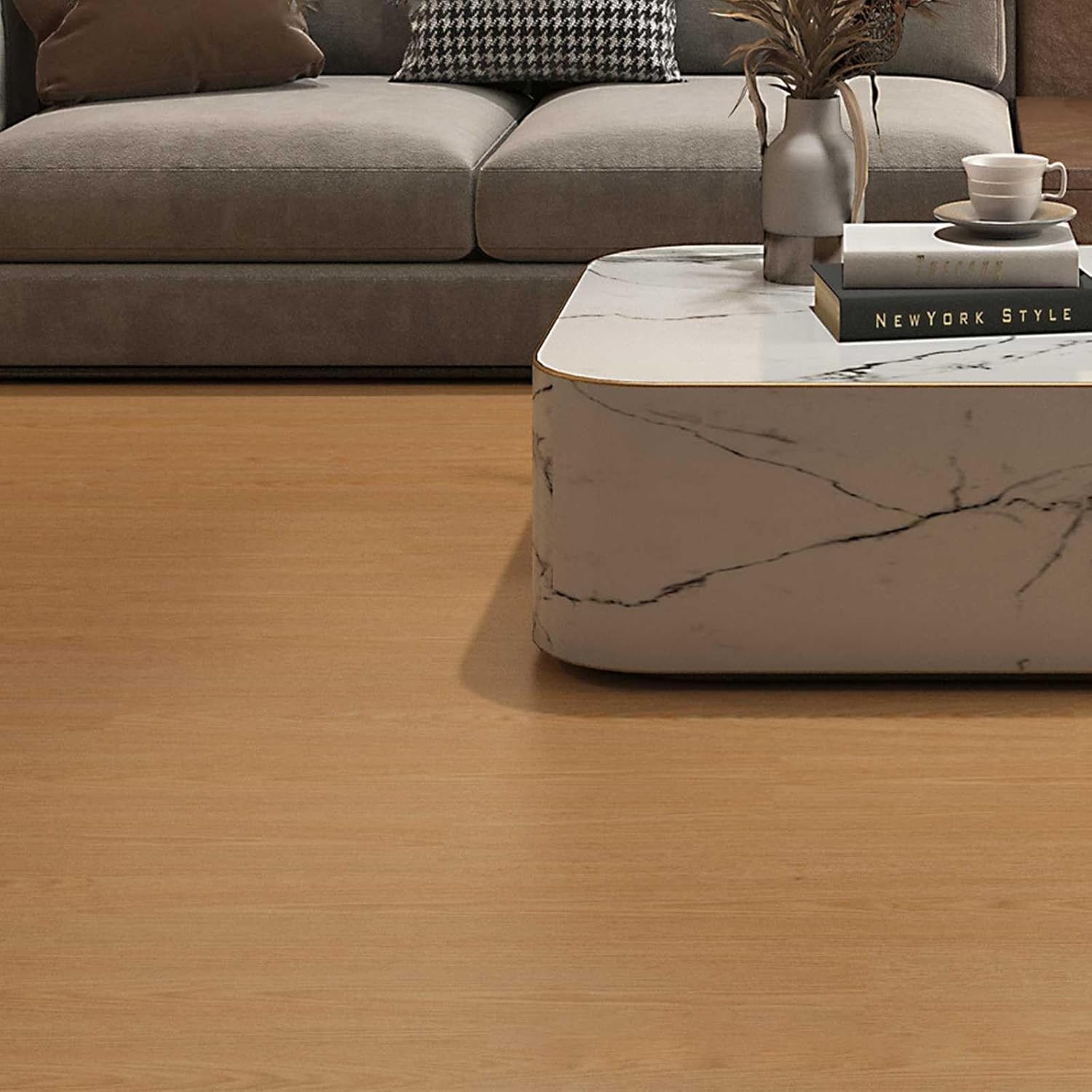 Set 36 Placi Autoadezive pentru Pardoseala, Flippy, din PVC, Impermeabil, Ignifug, Usor de Curatat, Dimensiune Placa 91.44 x 15.24 cm, Grosime 1.5 mm, Acoperire 5 m2, Model 13, Crem