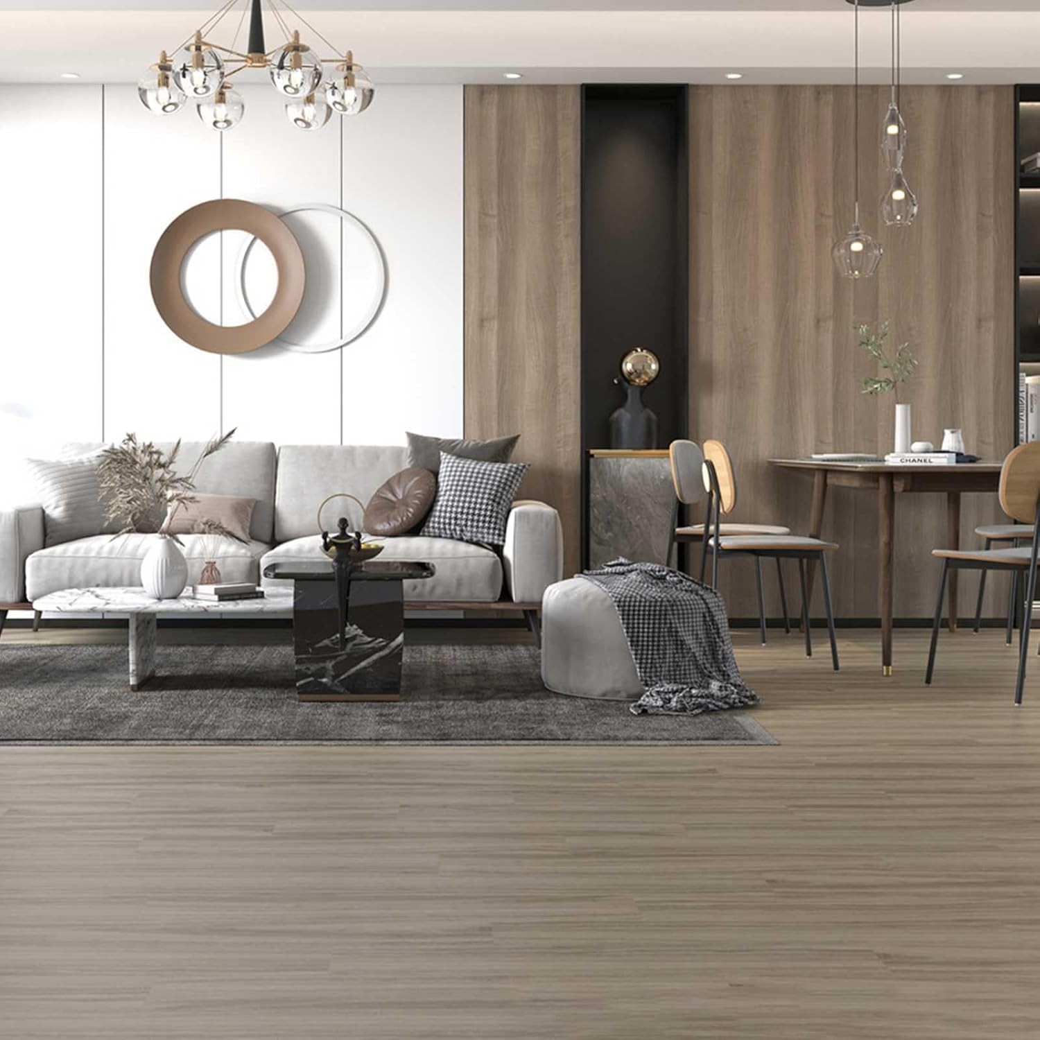 Set 36 Placi Autoadezive pentru Pardoseala, Flippy, din PVC, Impermeabil, Ignifug, Usor de Curatat, Dimensiune Placa 91.44 x 15.24 cm, Grosime 1.5 mm, Acoperire 5 m2, Model 14, Maro