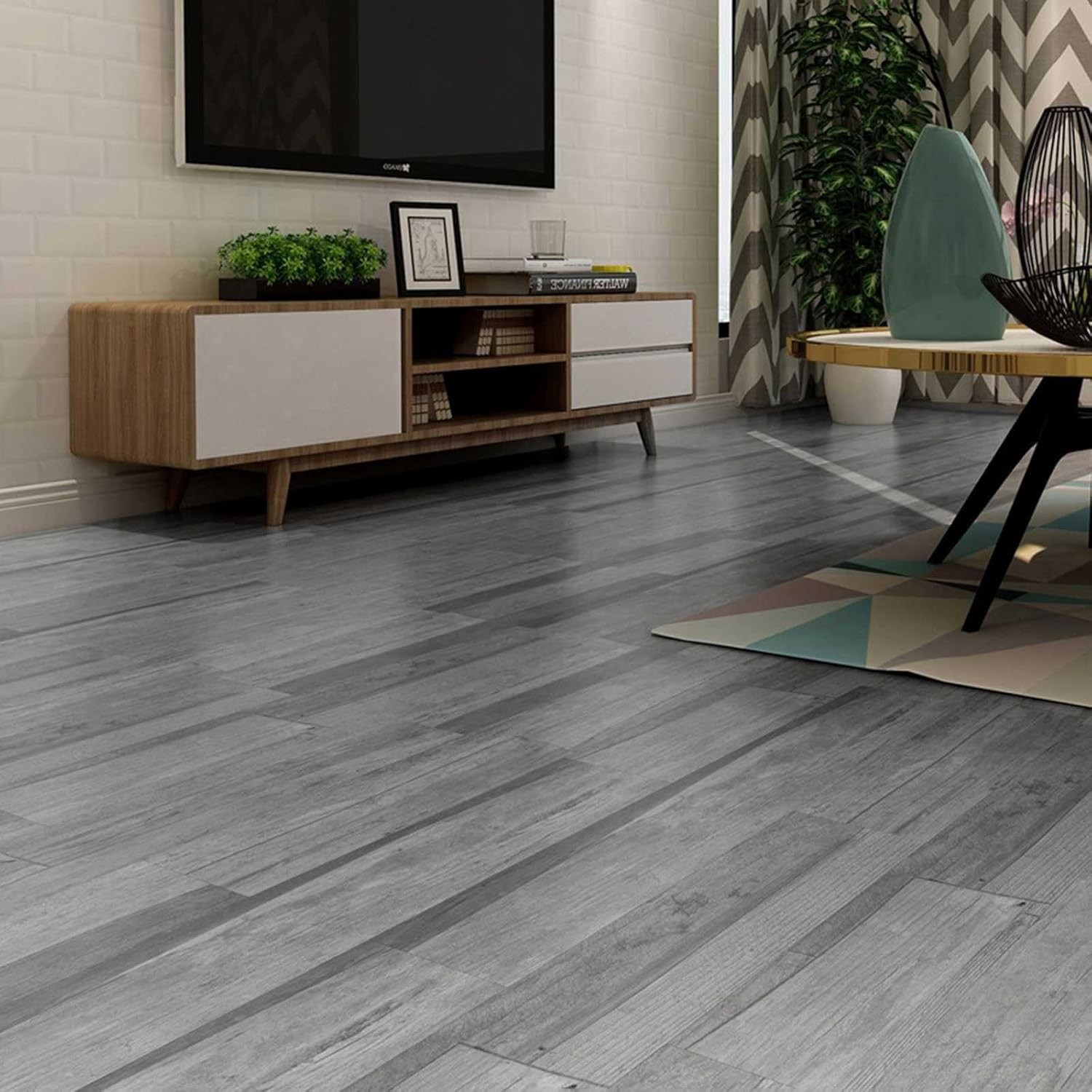 Set 36 Placi Autoadezive pentru Pardoseala, Flippy, din PVC, Impermeabil, Ignifug, Usor de Curatat, Dimensiune Placa 91.44 x 15.24 cm, Grosime 1.5 mm, Acoperire 5 m2, Model 15, Gri