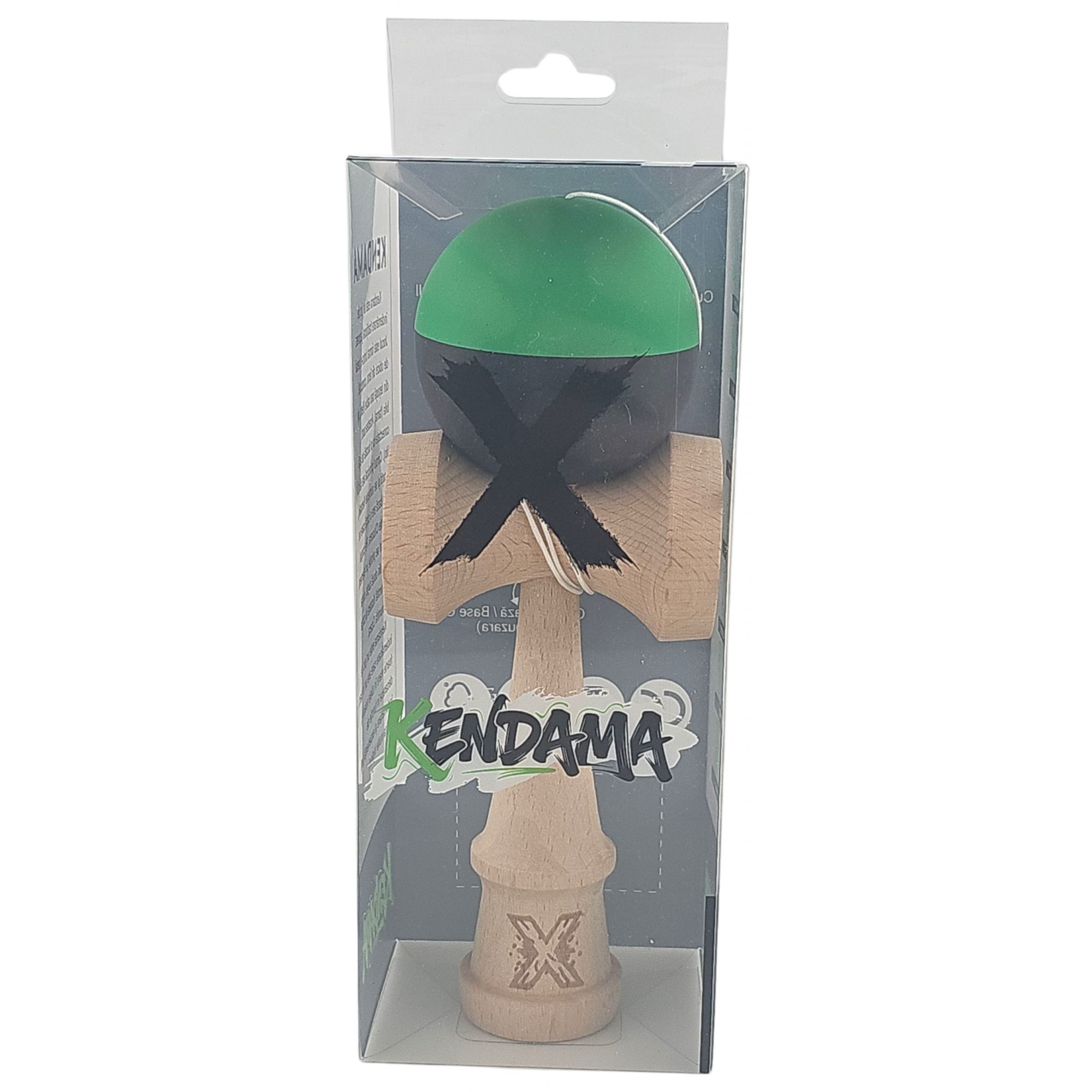 Kendama X Originala, Profesionala, Flippy, 18 cm, din Lemn, Verde/Negru
