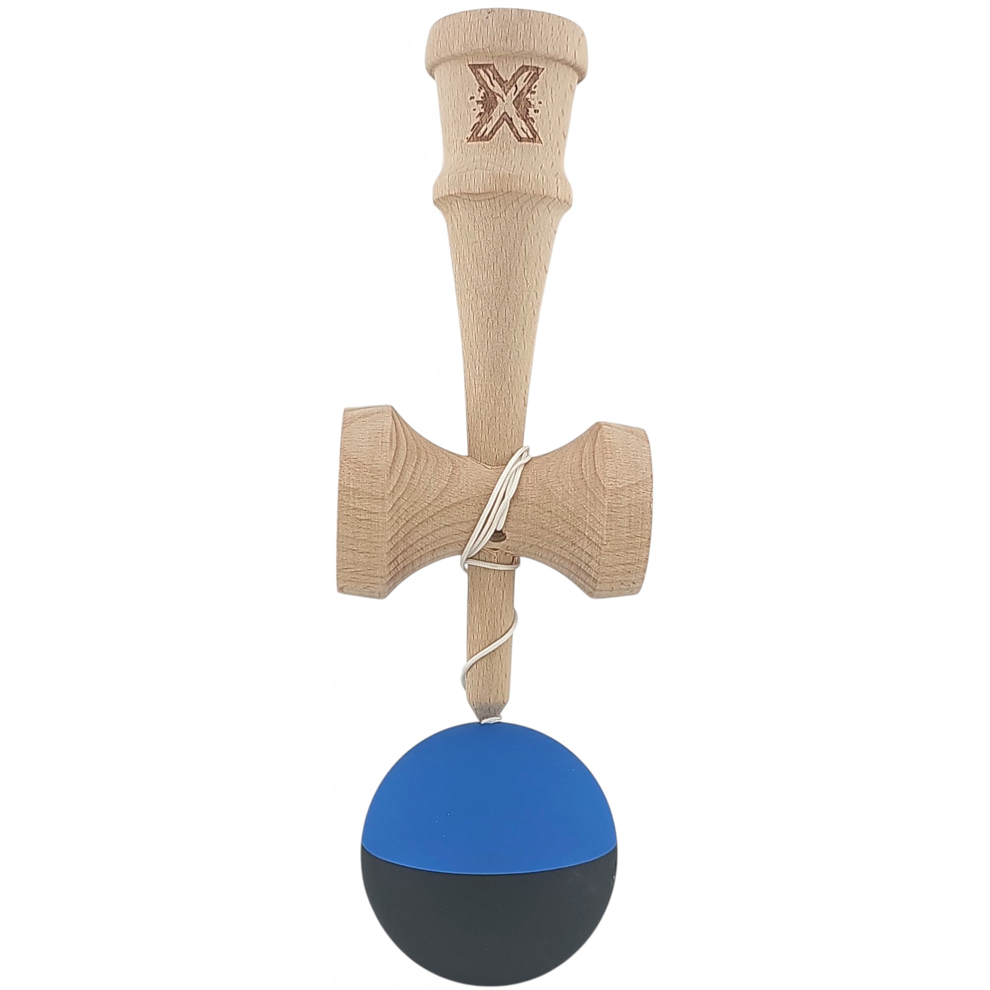 Kendama X Originala, Profesionala, Flippy, din Lemn, Rubber Grip, 18 cm, Albastru/Negru
