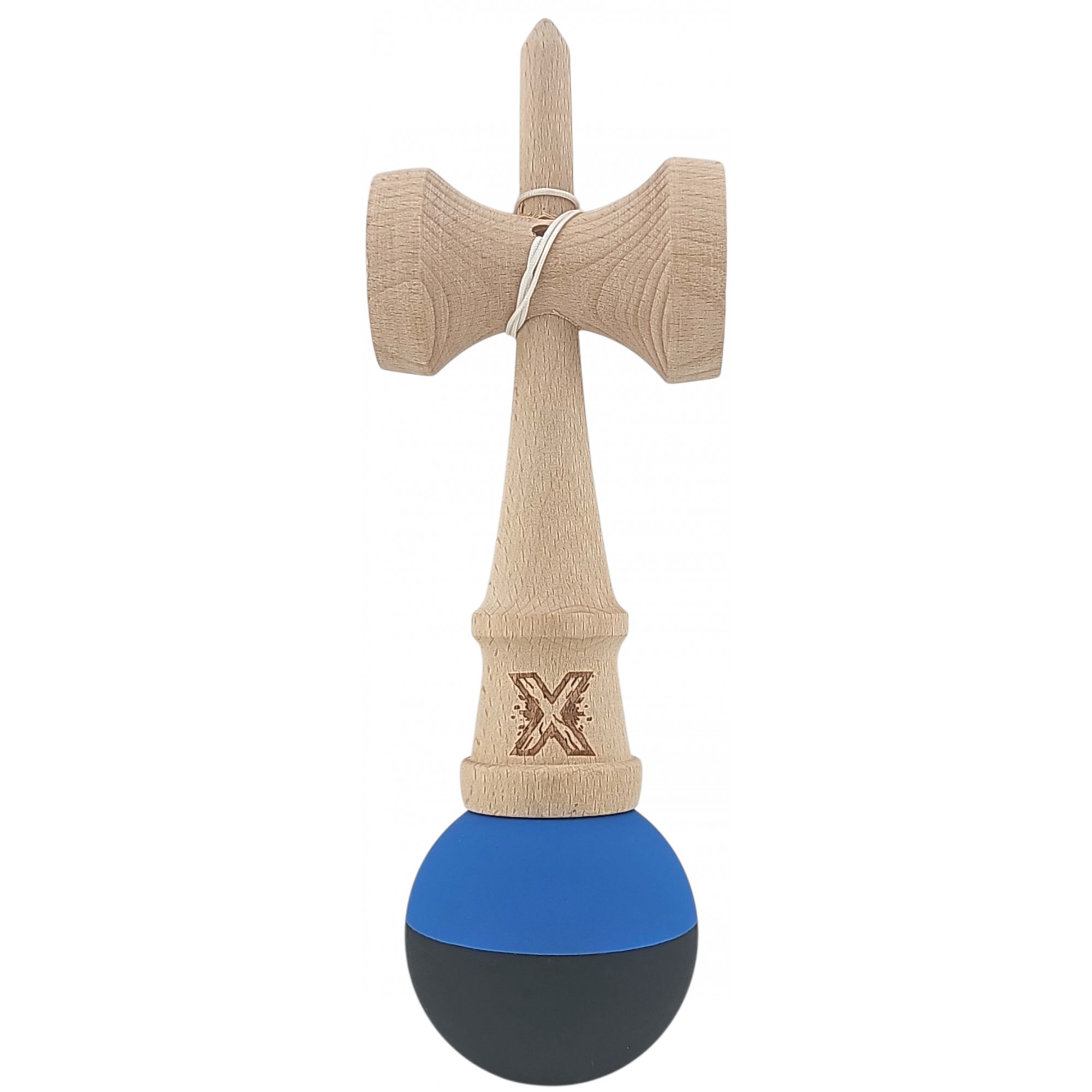 Kendama X Originala, Profesionala, Flippy, din Lemn, Rubber Grip, 18 cm, Albastru/Negru