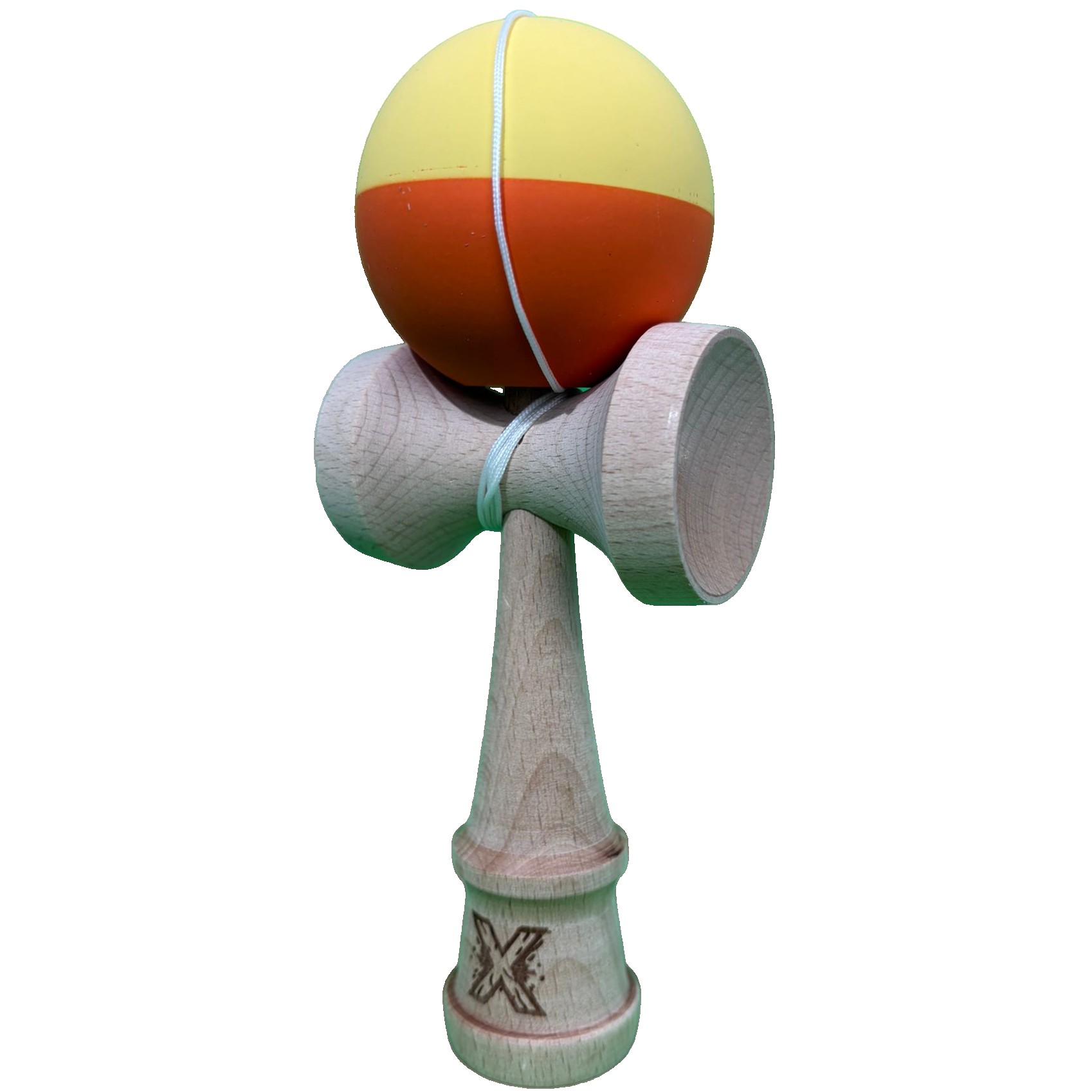 Kendama X Originala, Flippy, 18 cm, Profesionala, +9 Ani, din Lemn, Model 2 Culori, Galben/Portocaliu