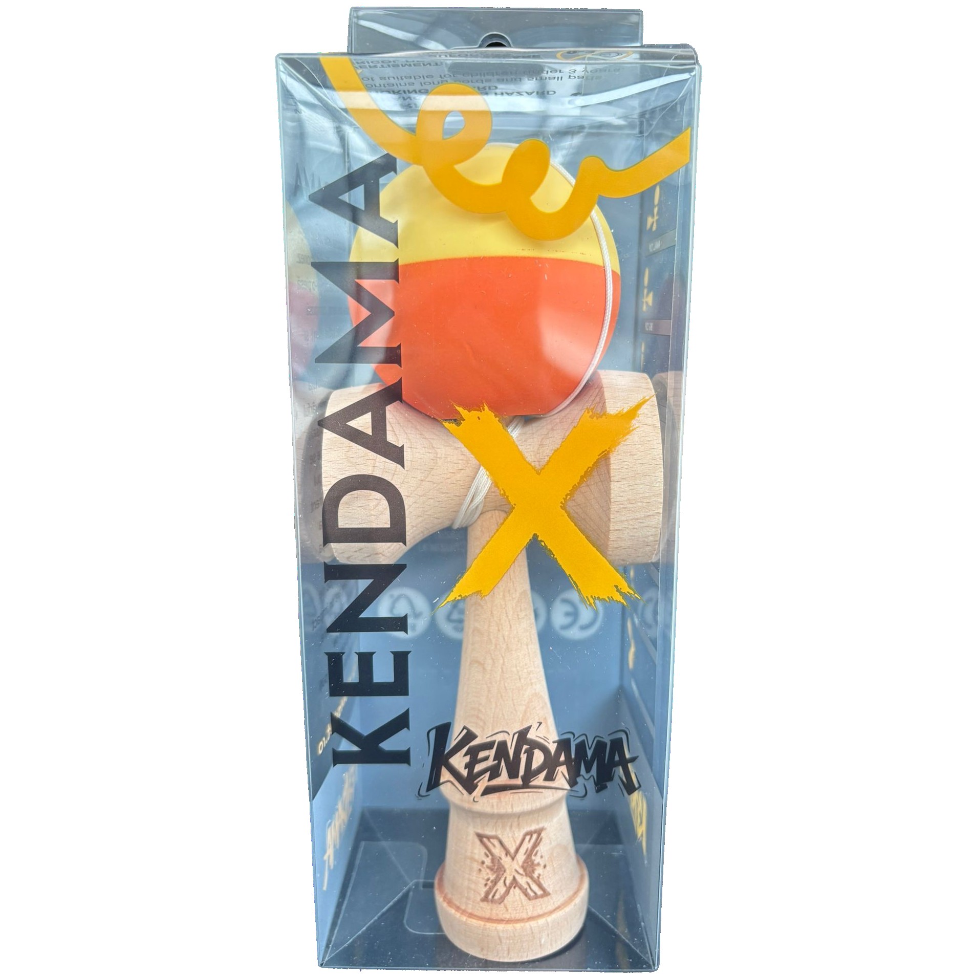 Kendama X Originala, Flippy, 18 cm, Profesionala, +9 Ani, din Lemn, Model 2 Culori, Galben/Portocaliu