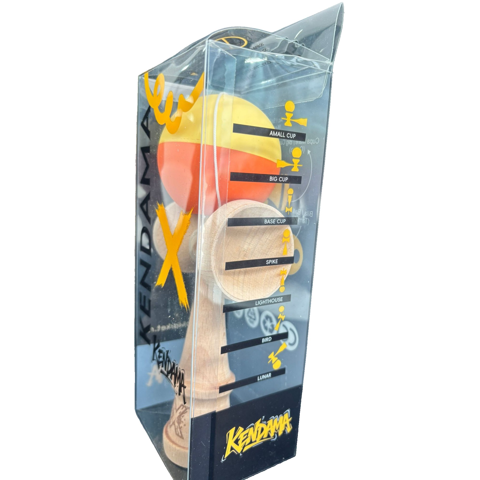 Kendama X Originala, Flippy, 18 cm, Profesionala, +9 Ani, din Lemn, Model 2 Culori, Galben/Portocaliu