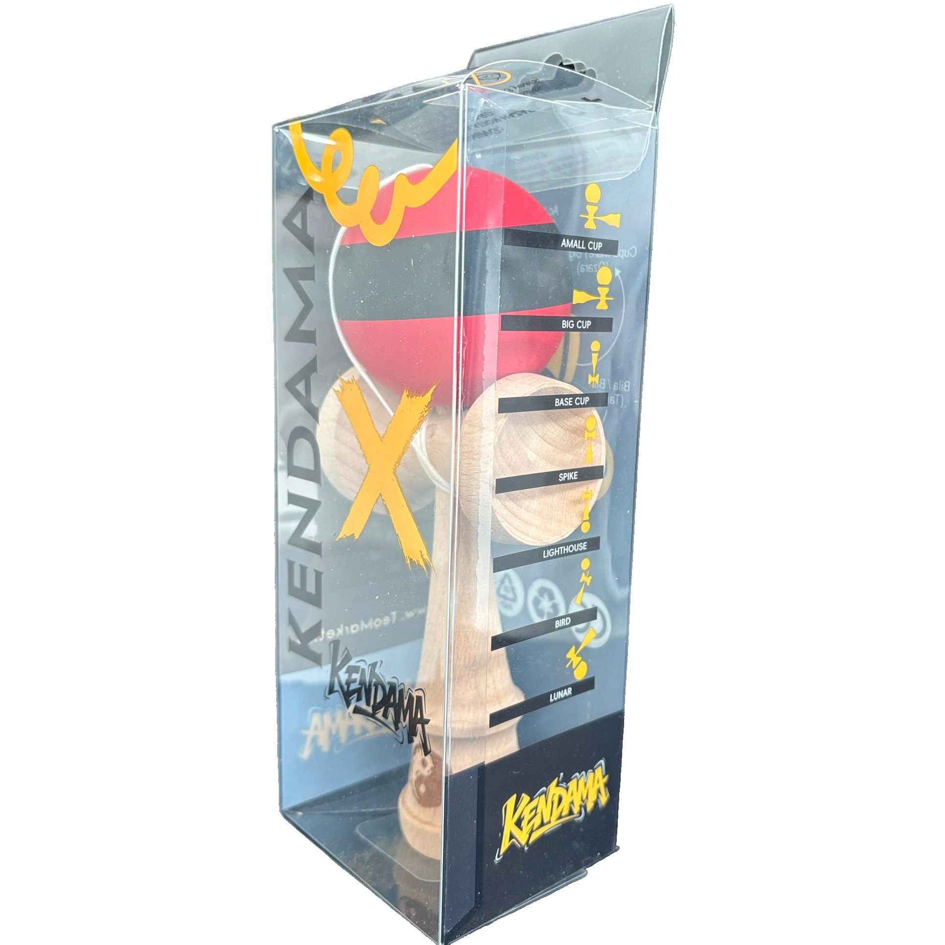 Kendama X Originala, Flippy, 18 cm, Profesionala, +9 Ani, din Lemn, Model cu Dunga, Rosu/Negru