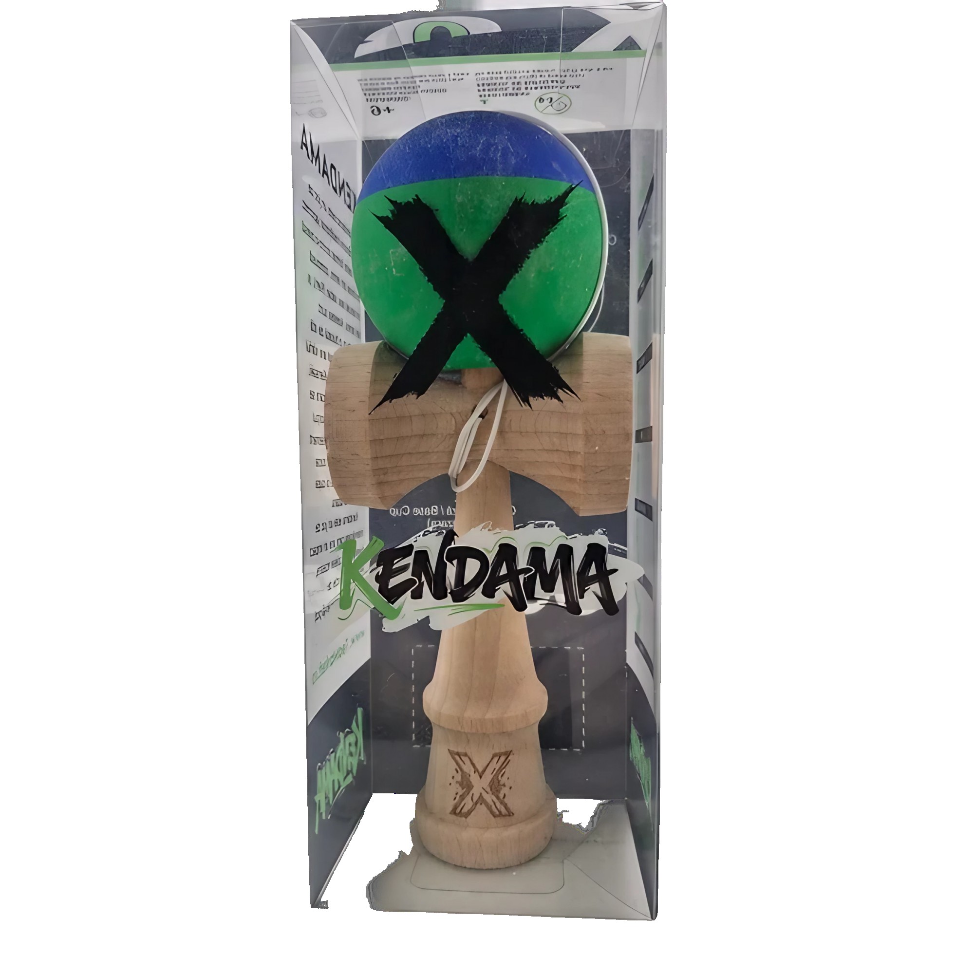 Jucarie Kendama X Originala, Profesionala, Flippy, din Lemn, Rubber Grip, 18 cm, Albastru/Verde