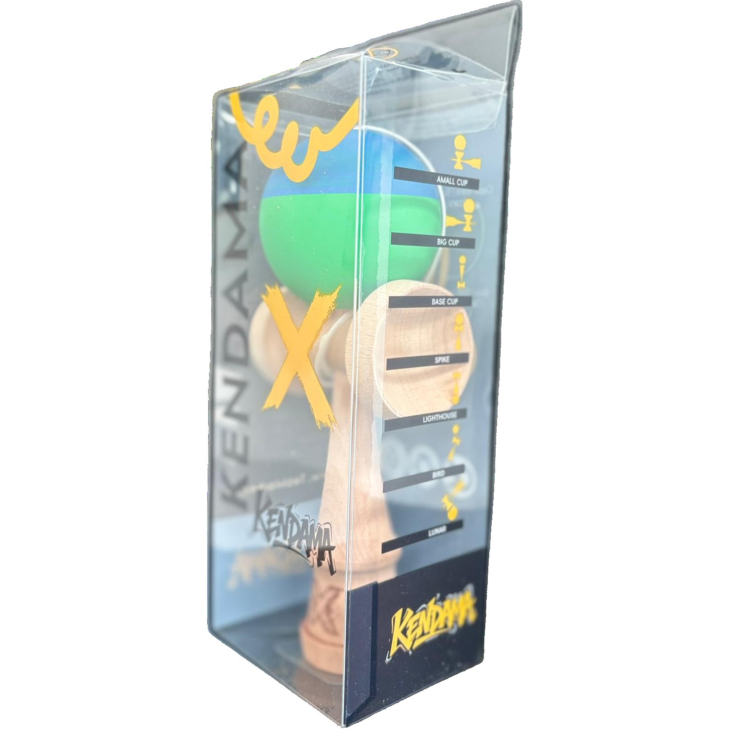 Kendama X Originala, Flippy, 18 cm, Profesionala, +9 Ani, din Lemn, Model 2 Culori, Albastru/Verde