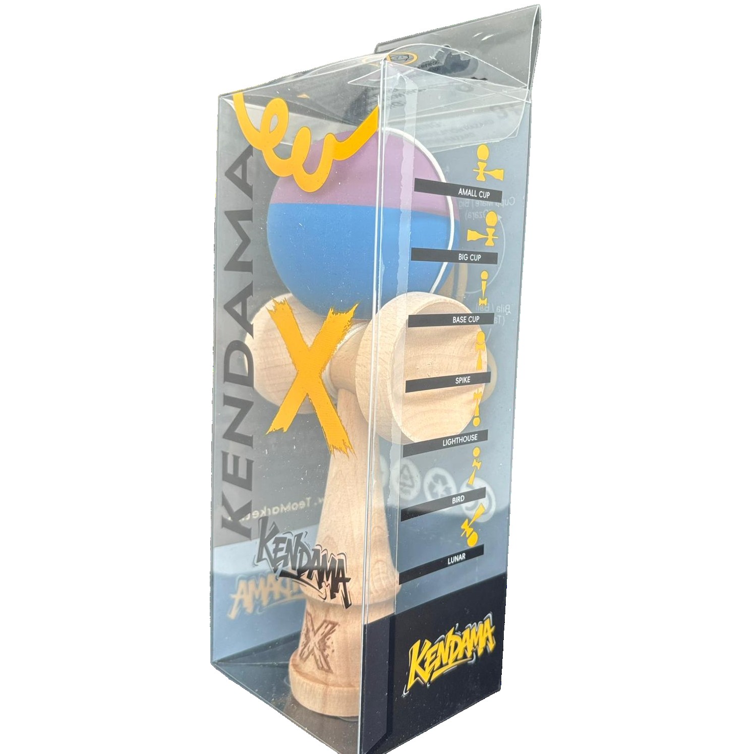 Kendama X Originala, Flippy, 18 cm, Profesionala, +9 Ani, din Lemn, Model 2 Culori, Albastru/Mov
