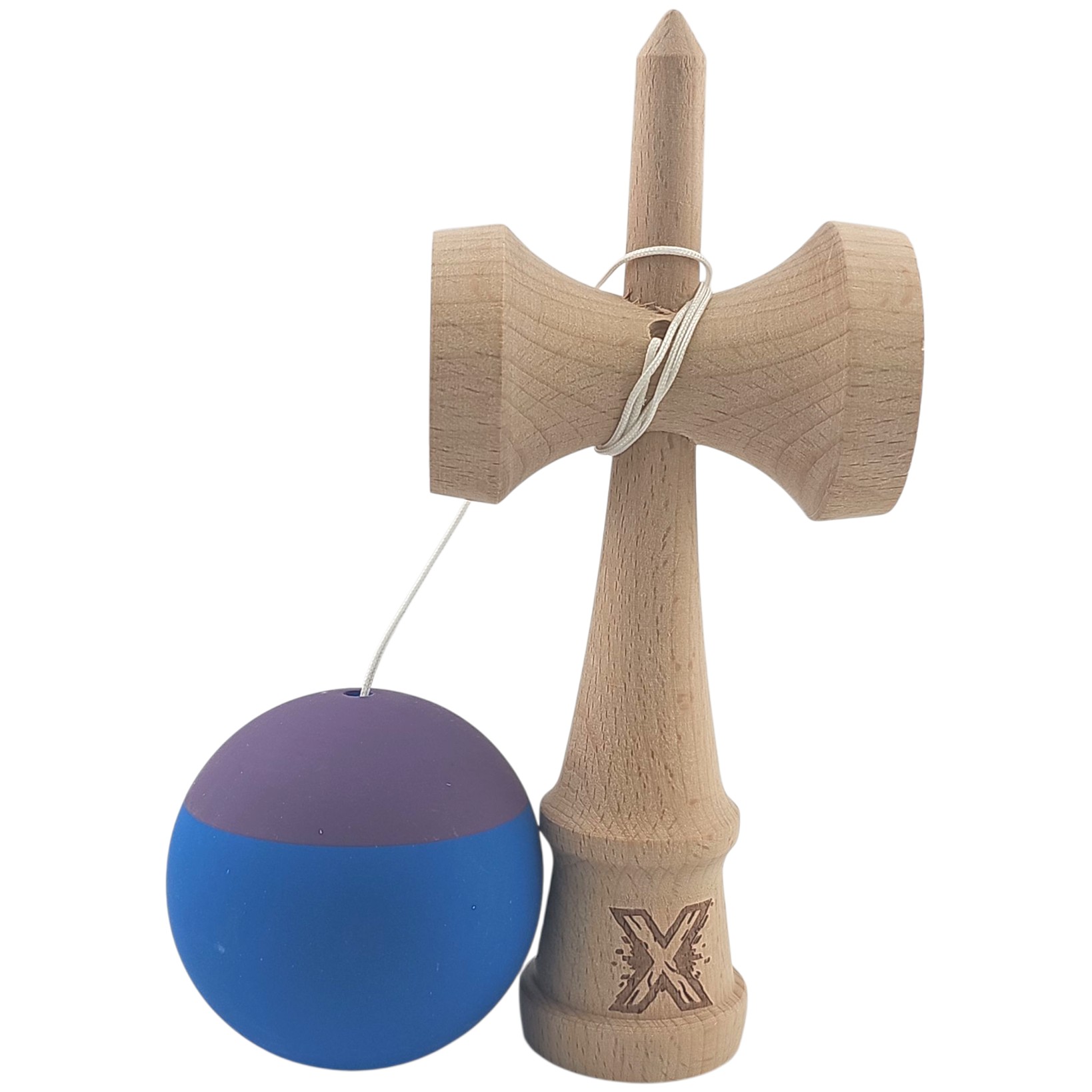 Kendama X Originala, Profesionala, Flippy, din Lemn, Rubber Grip, 18 cm, Albastru/Mov