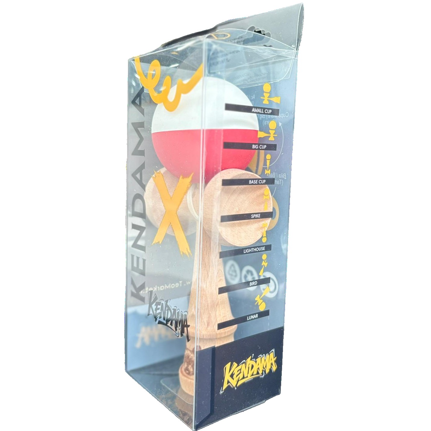 Jucarie Originala Kendama X, Flippy, Profesionala, din Lemn, 18 cm, Alb/Rosu