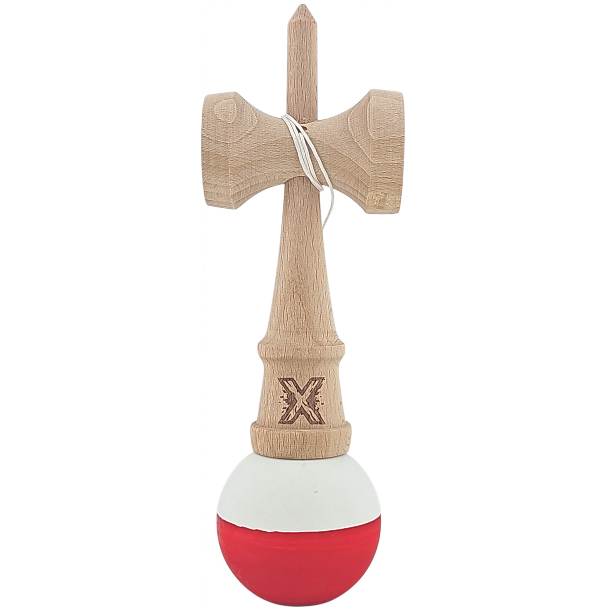 Kendama X Originala, Profesionala, Flippy, din Lemn, Rubber Grip, 18 cm, Alb/Rosu