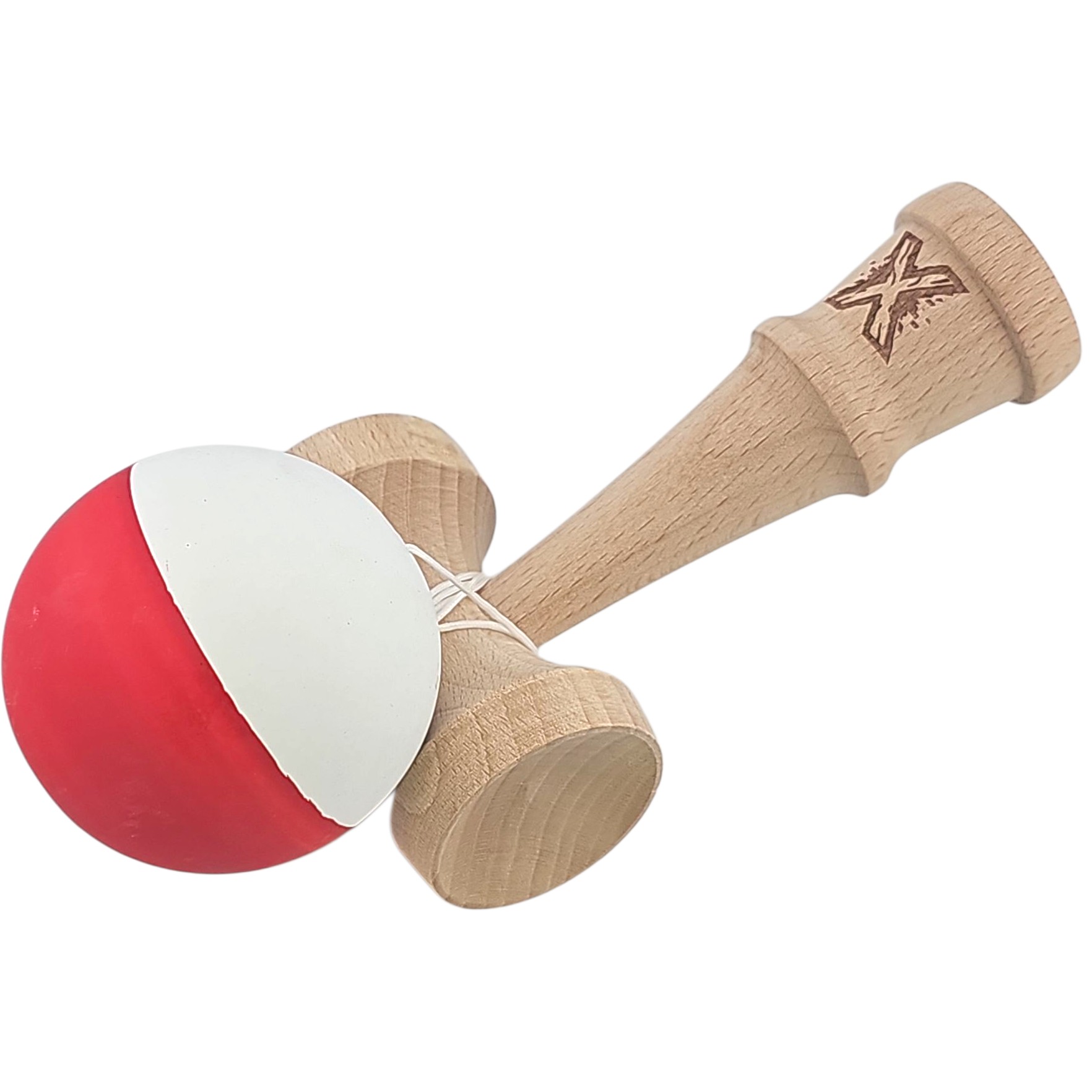 Kendama X Originala, Profesionala, Flippy, din Lemn, Rubber Grip, 18 cm, Alb/Rosu