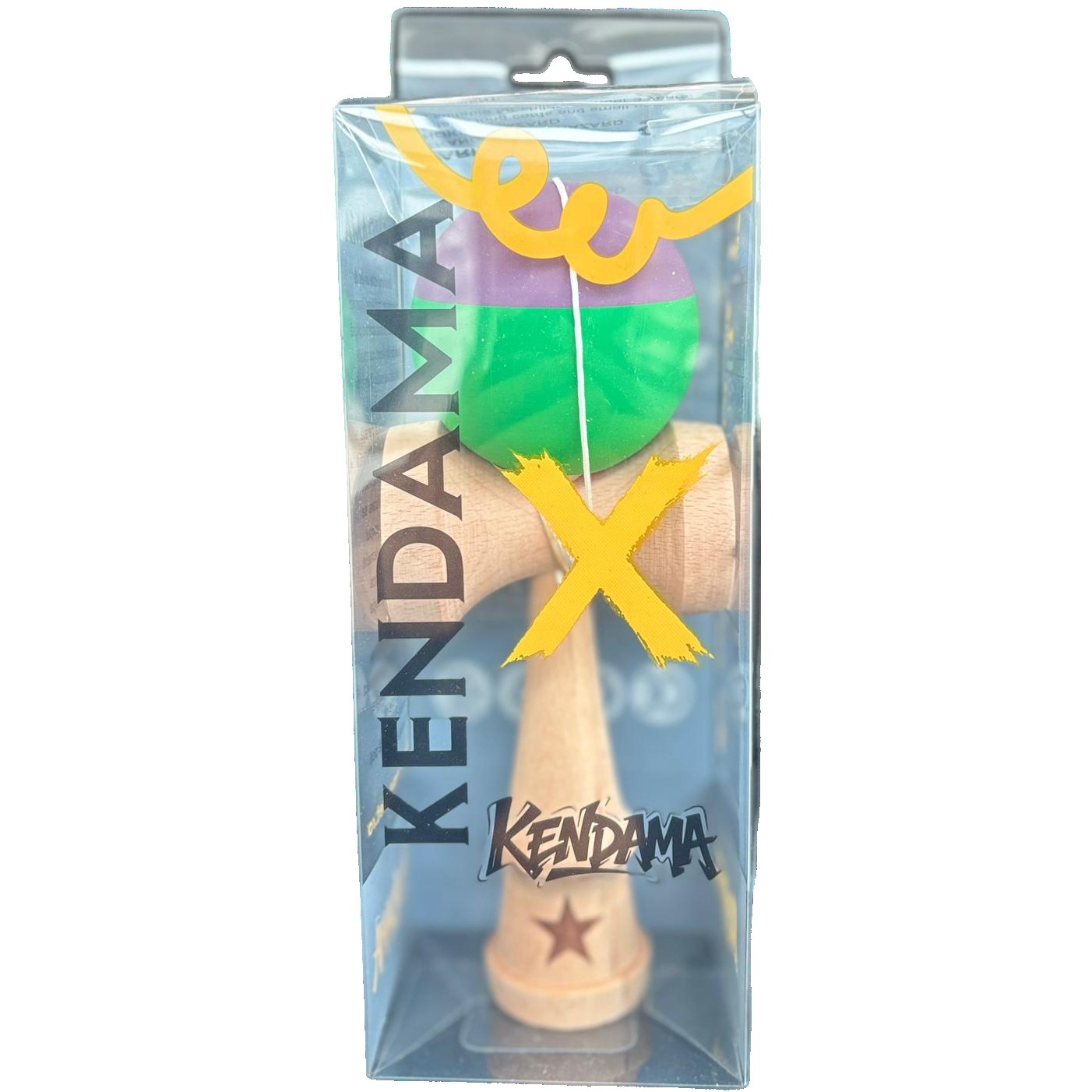 Kendama X Originala, Flippy, 18 cm, Profesionala, +9 Ani, din Lemn, Model 2 Culori, Verde/Mov