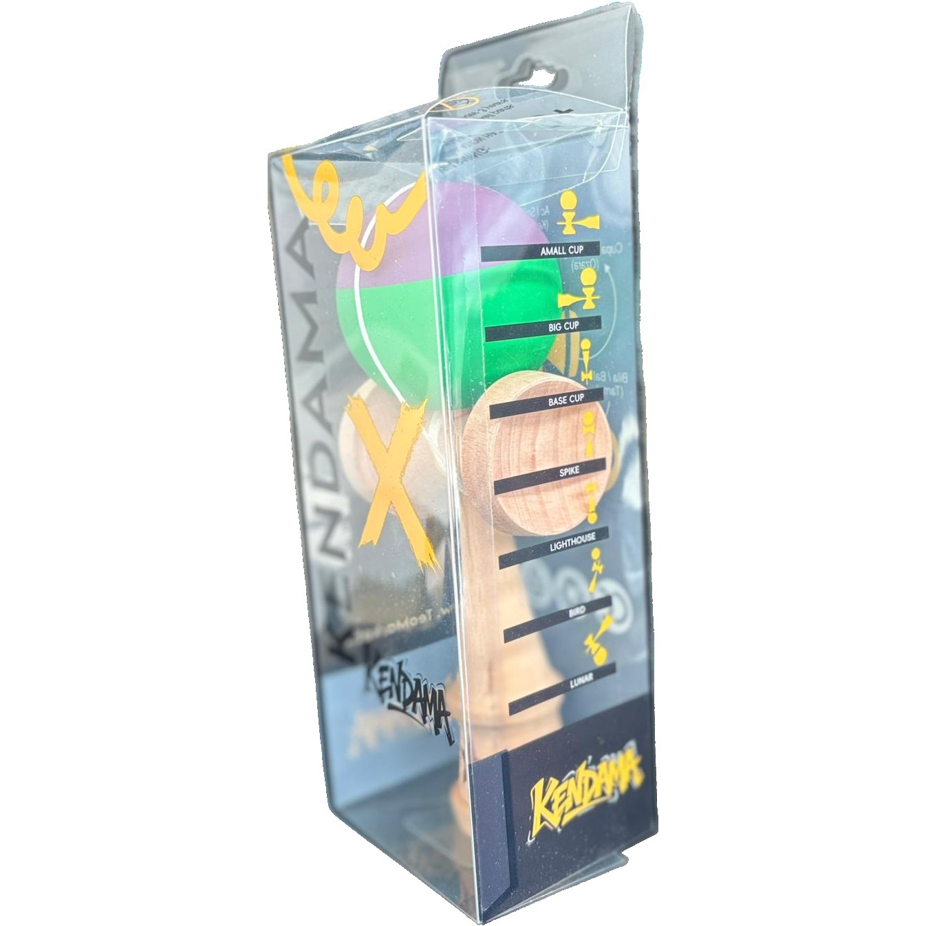 Kendama X Originala, Flippy, 18 cm, Profesionala, +9 Ani, din Lemn, Model 2 Culori, Verde/Mov