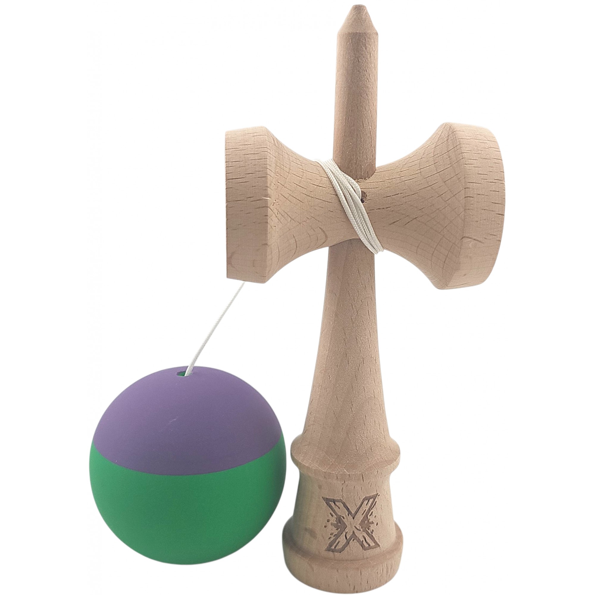 Kendama X Originala, Profesionala, Flippy, din Lemn, Rubber Grip, 18 cm, Verde/Mov