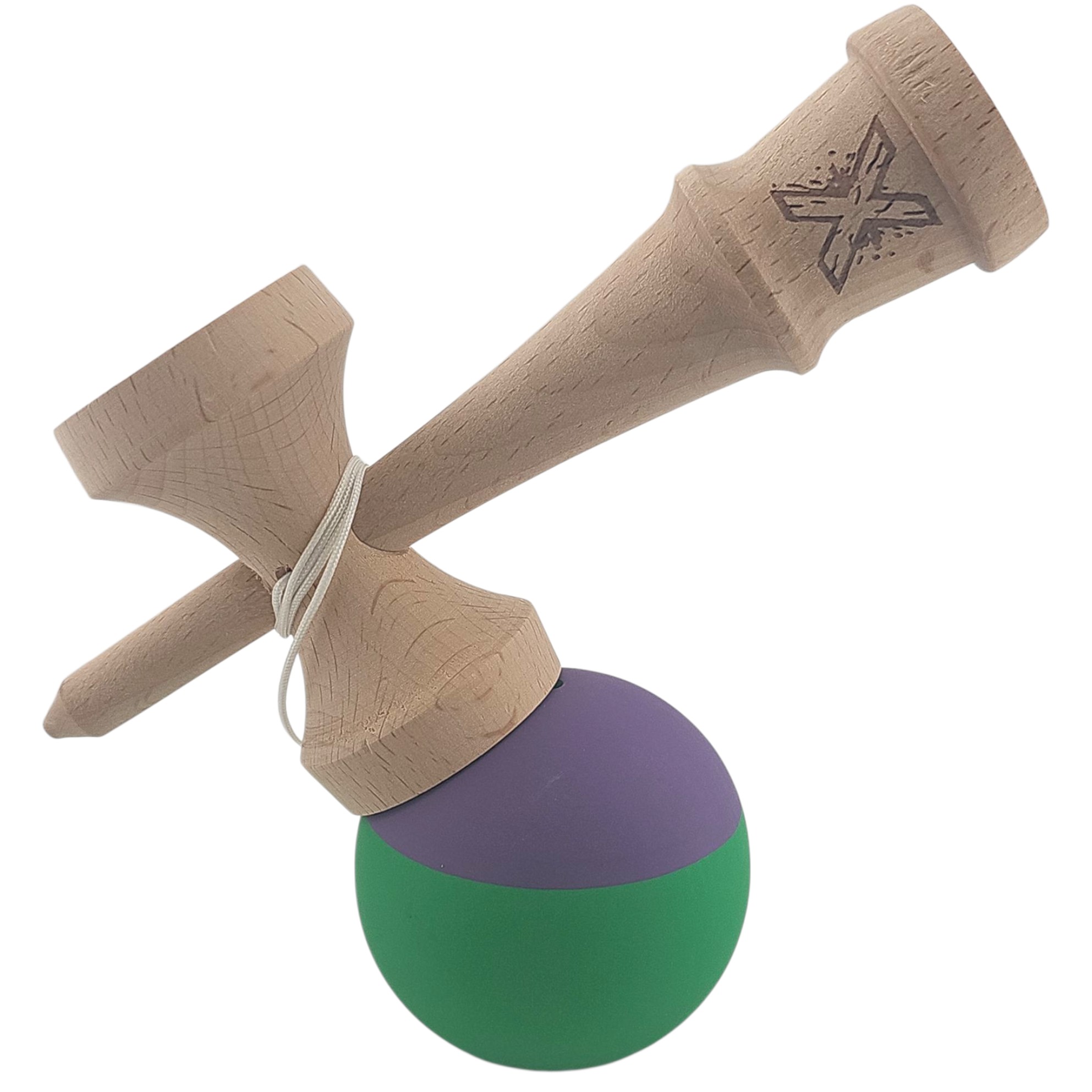 Kendama X Originala, Profesionala, Flippy, din Lemn, Rubber Grip, 18 cm, Verde/Mov