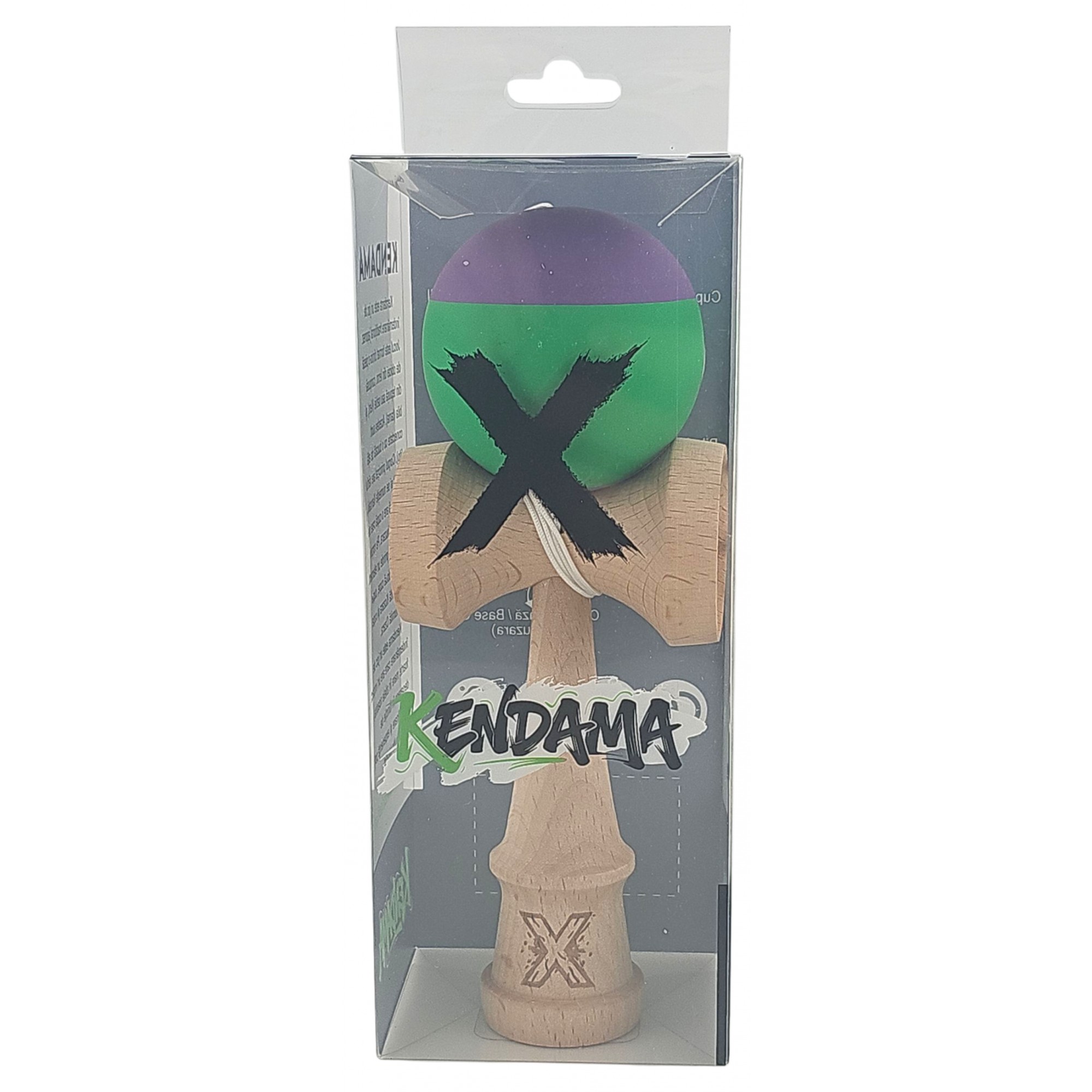 Kendama X Originala, Profesionala, Flippy, din Lemn, Rubber Grip, 18 cm, Verde/Mov