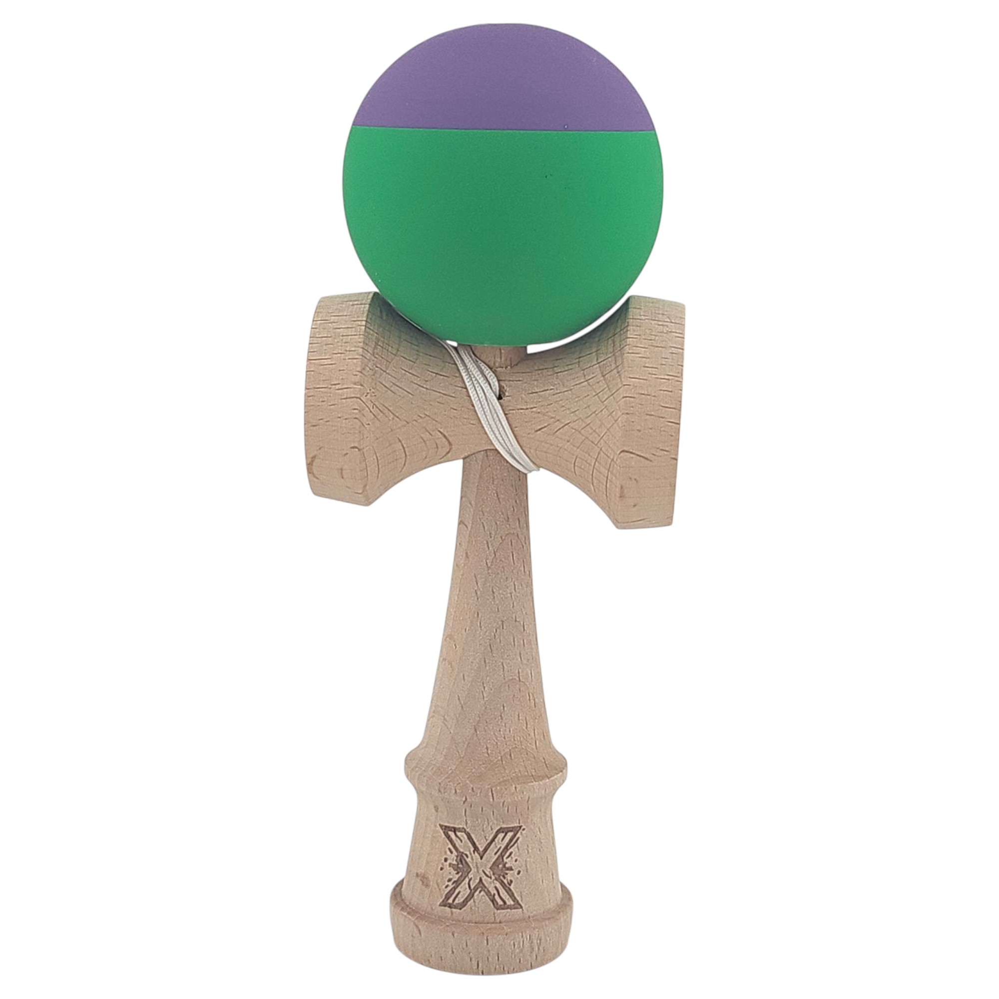 Kendama X Originala, Profesionala, Flippy, din Lemn, Rubber Grip, 18 cm, Verde/Mov