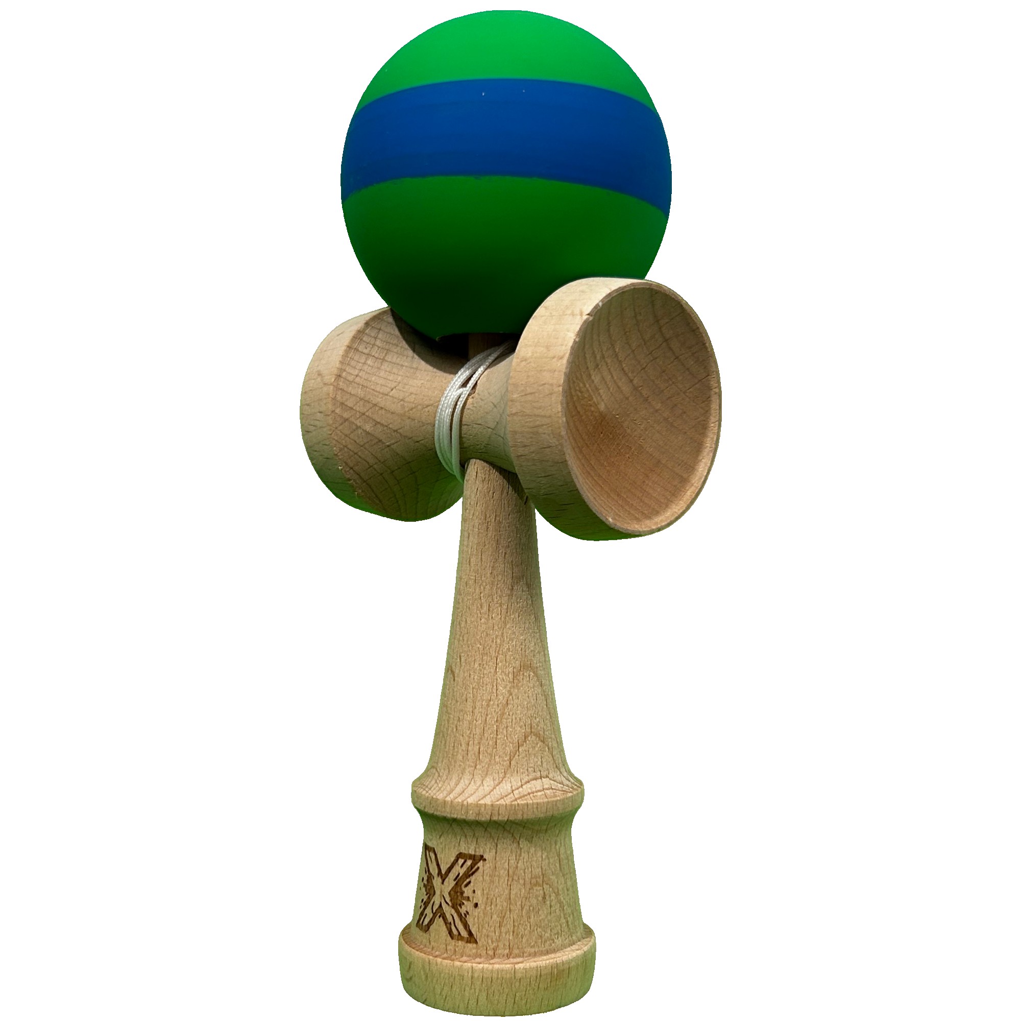 Kendama X Originala, Flippy, 18 cm, Profesionala, +9 Ani, din Lemn, Model cu Dunga, Verde/Albastru