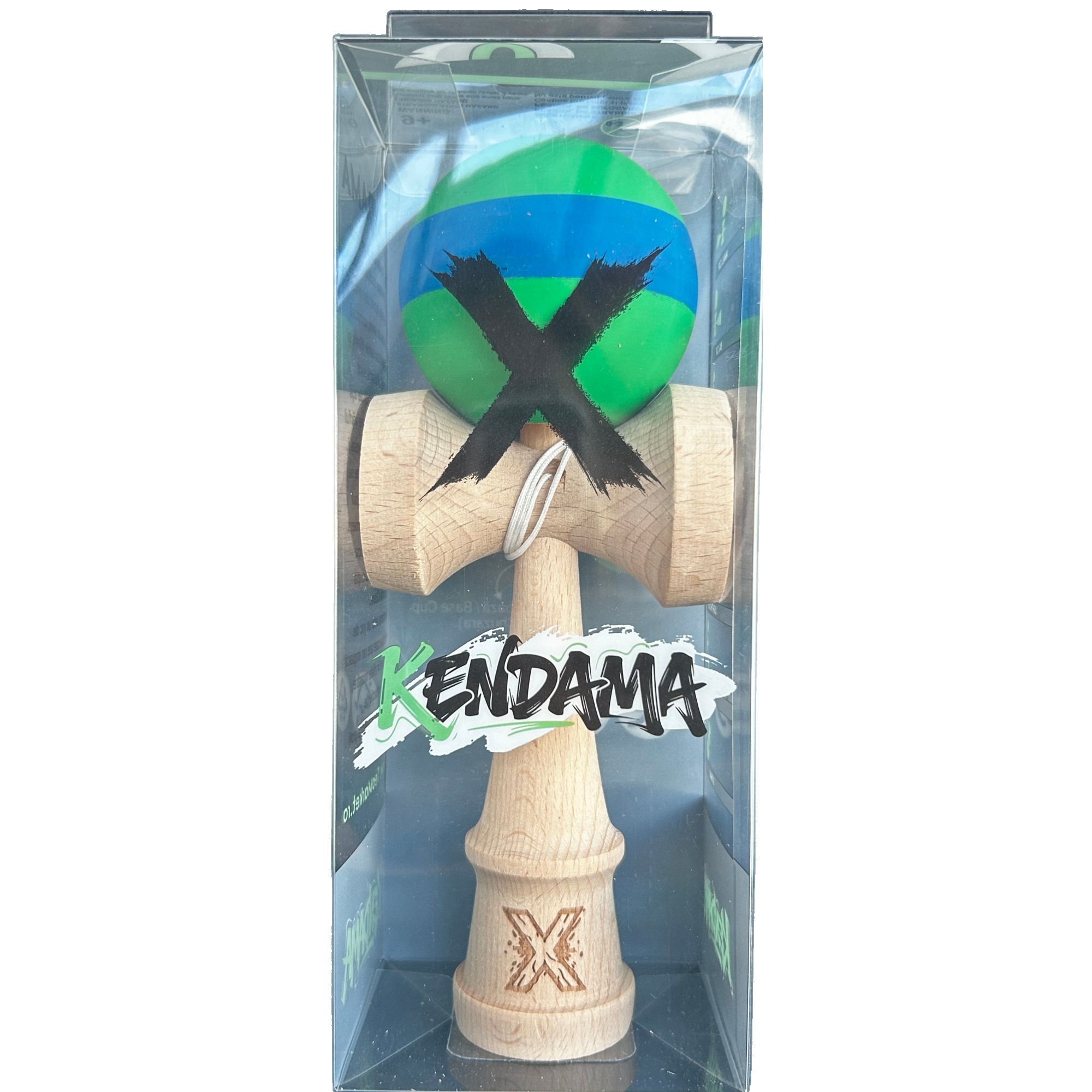 Kendama X Originala, Flippy, 18 cm, Profesionala, +9 Ani, din Lemn, Model cu Dunga, Verde/Albastru