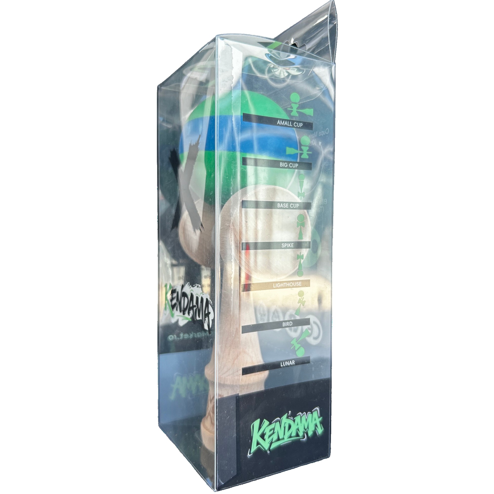Kendama X Originala, Flippy, 18 cm, Profesionala, +9 Ani, din Lemn, Model cu Dunga, Verde/Albastru