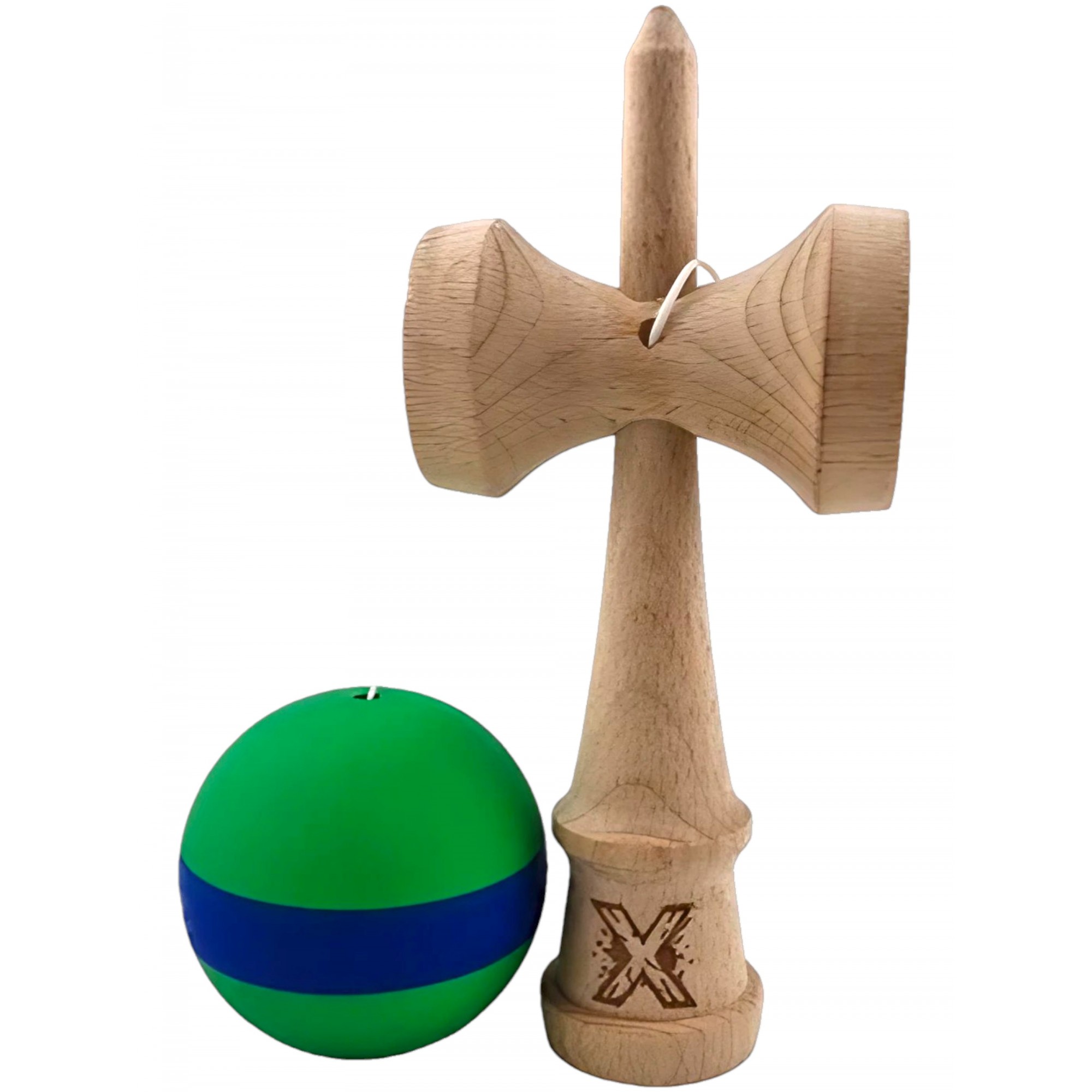 Kendama X Originala, Profesionala, Flippy, 18 cm, din Lemn, Rubber Grip, Verde/Albastru