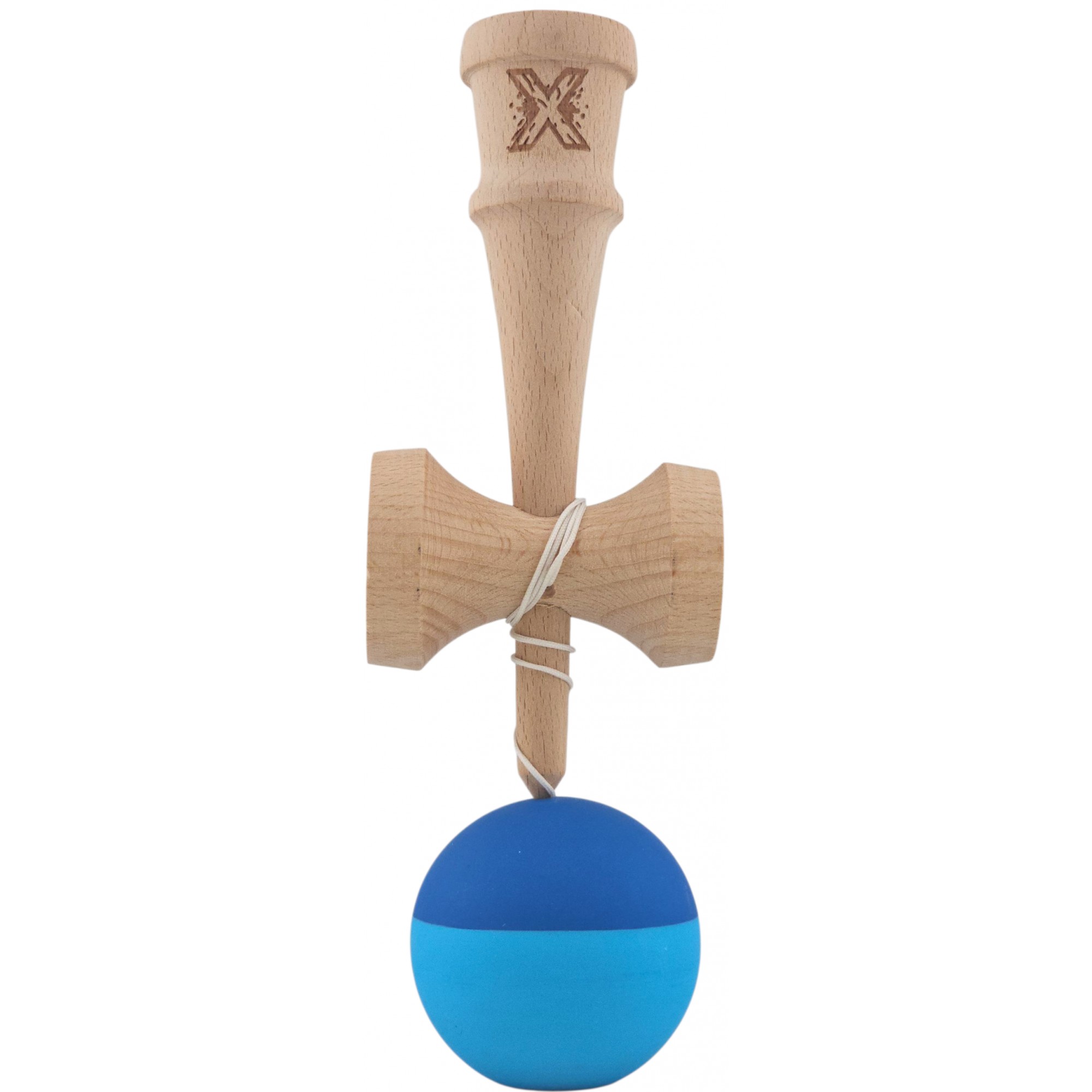 Kendama X Originala, Profesionala, Flippy, din Lemn, Rubber Grip, 18 cm, Albastru/Bleu
