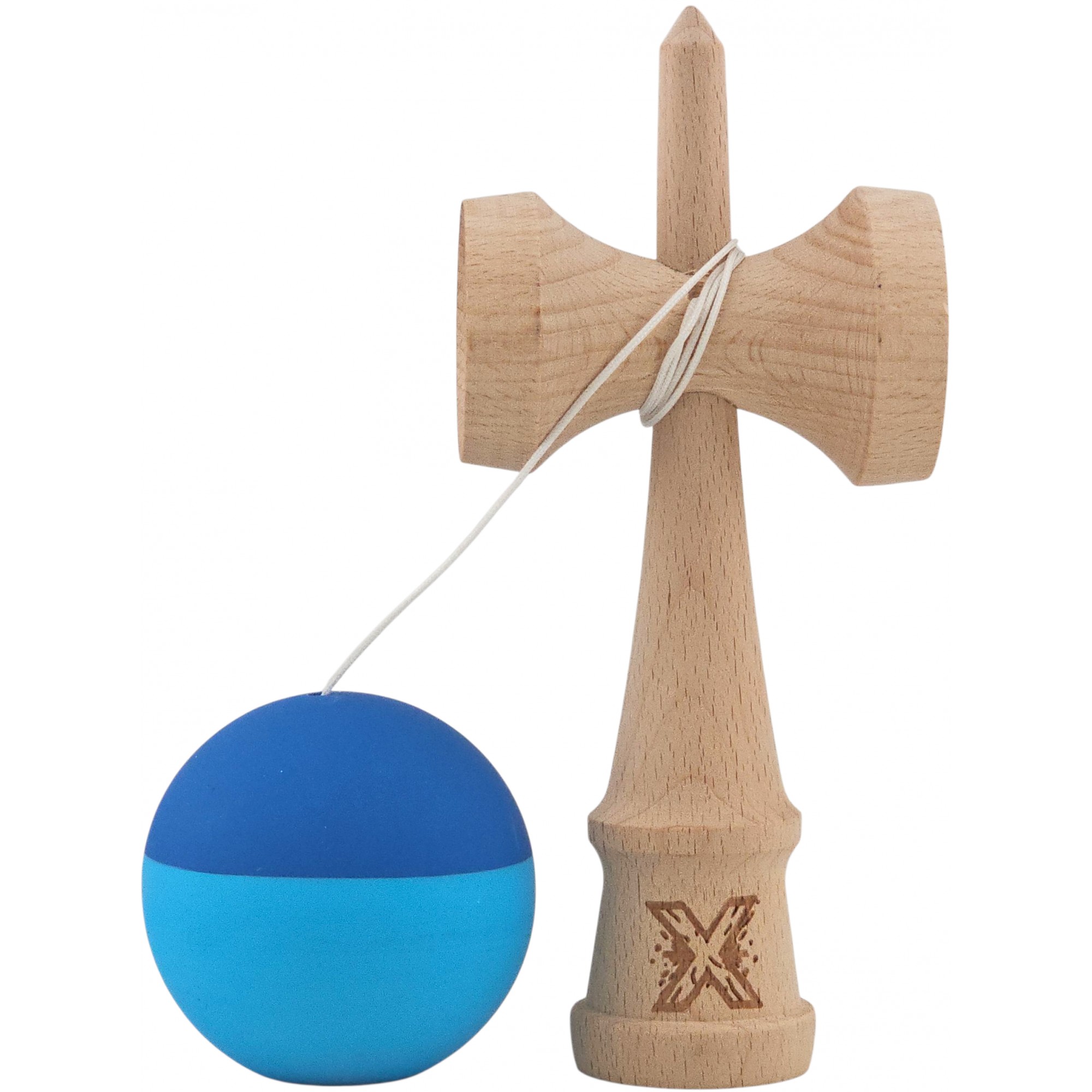 Kendama X Originala, Profesionala, Flippy, din Lemn, Rubber Grip, 18 cm, Albastru/Bleu