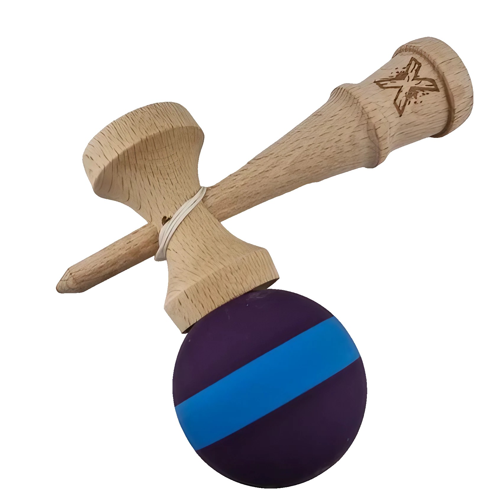 Jucarie Kendama X Originala, Profesionala, Flippy, din Lemn, Rubber Grip, 18 cm, Mov/Albastru