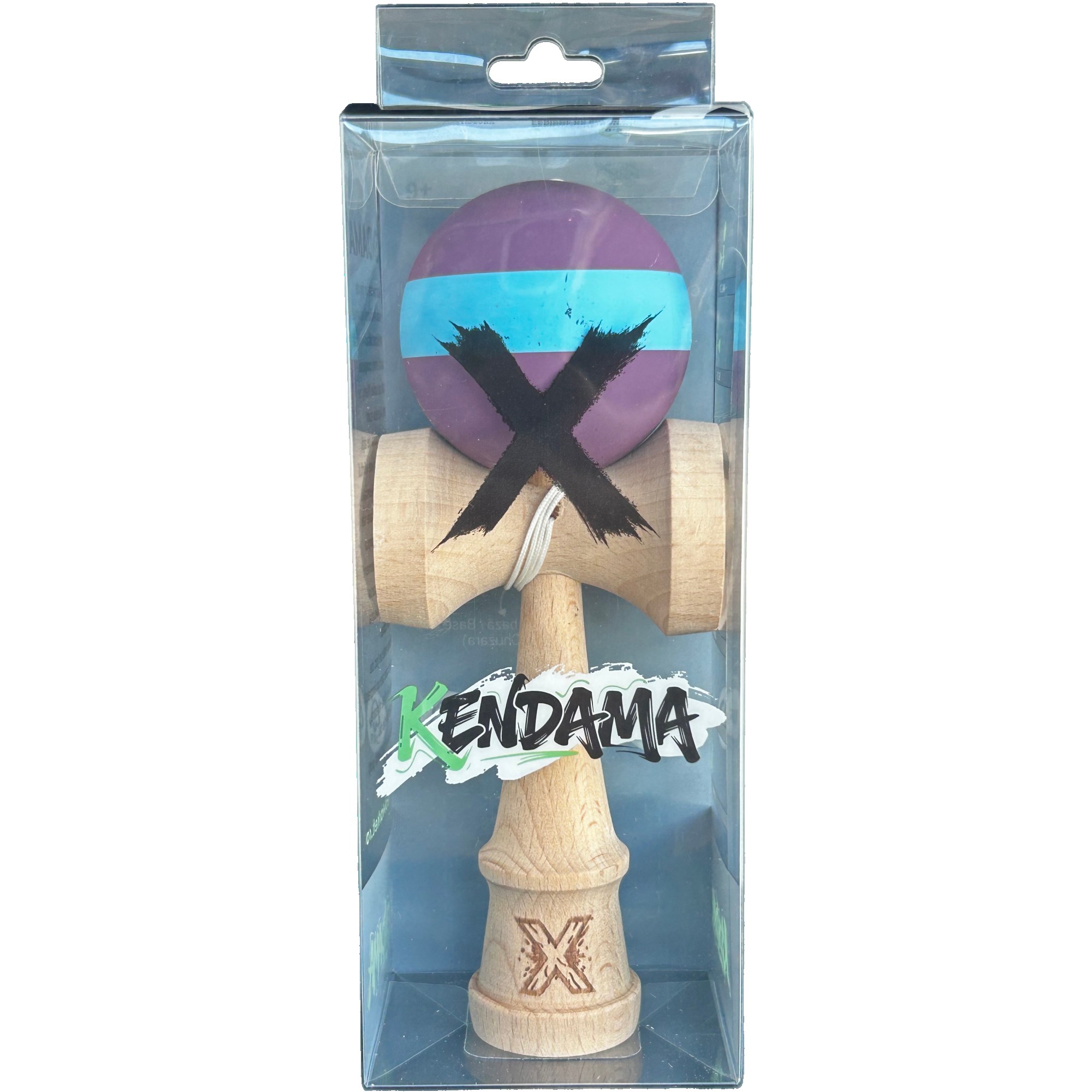 Kendama X Originala, Flippy, 18 cm, Profesionala, +9 Ani, din Lemn, Model cu Dunga, Mov/Albastru