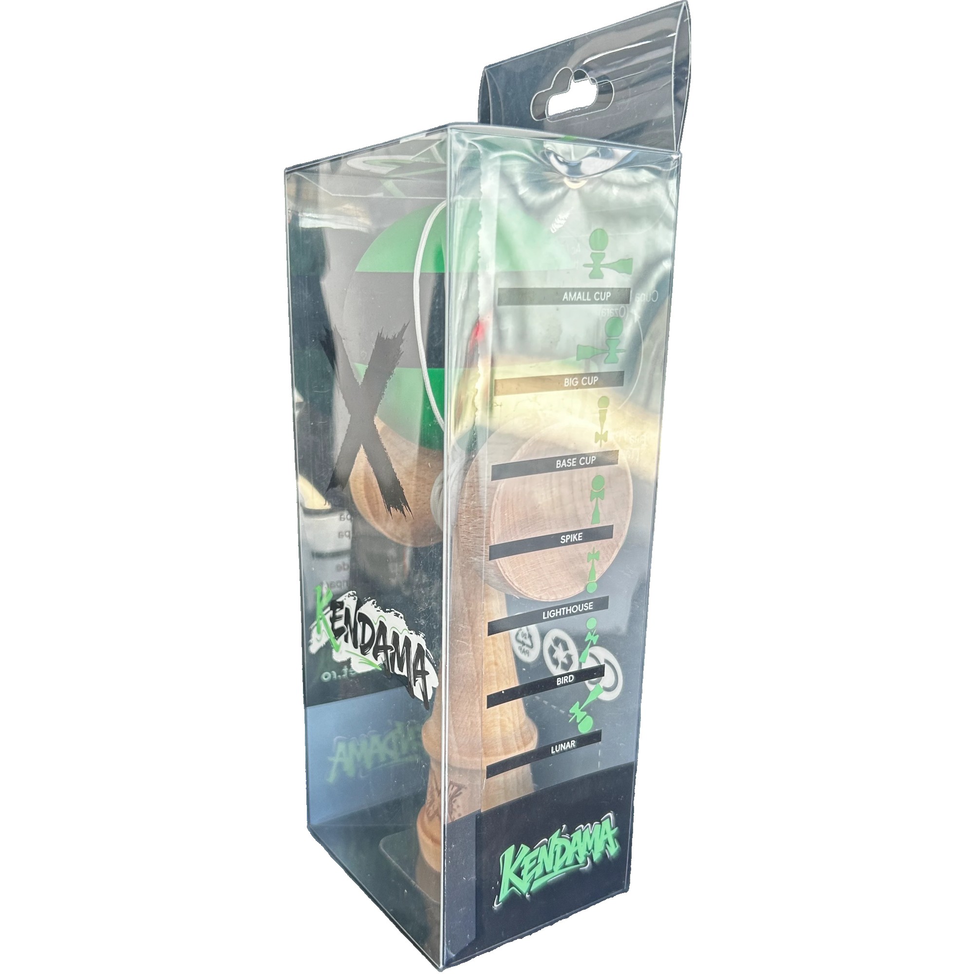 Kendama X Originala, Flippy, 18 cm, Profesionala, +9 Ani, din Lemn, Model cu Dunga, Negru/Verde