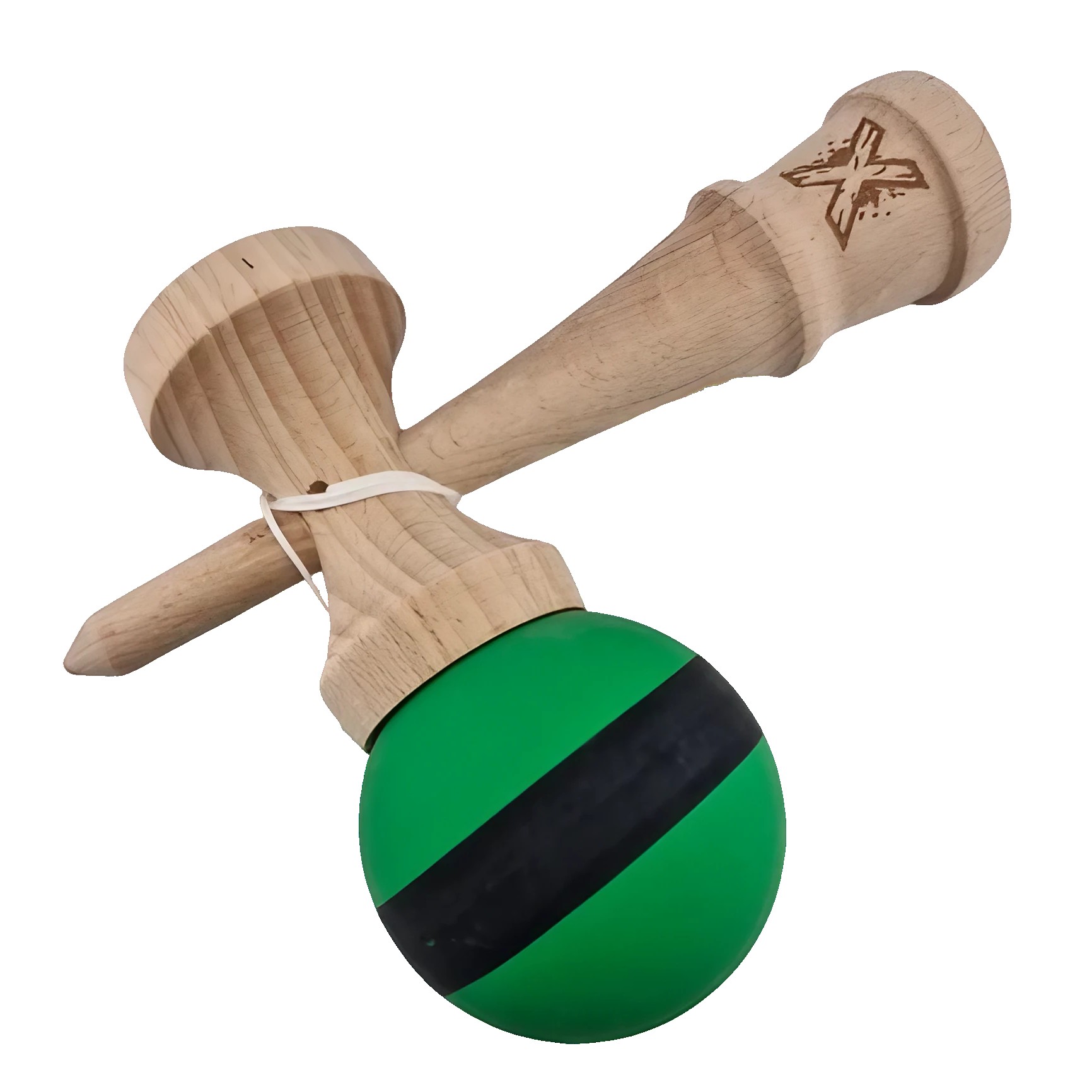 Kendama X Originala, Profesionala, Flippy, 18 cm, din Lemn, Rubber Grip, Negru/Verde