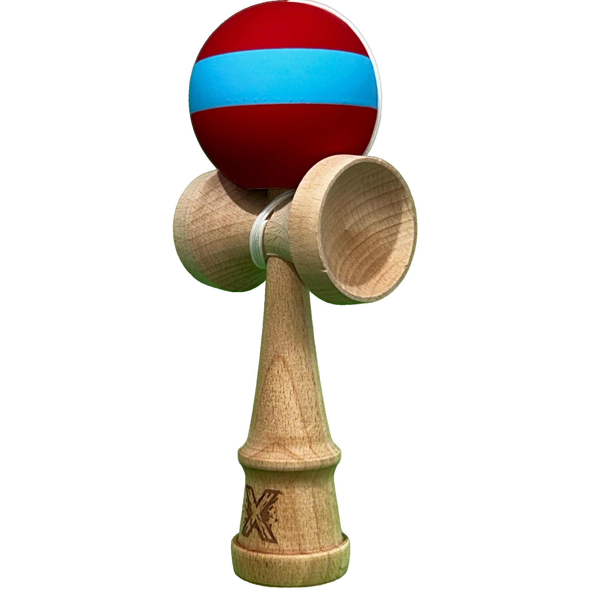 Kendama X Originala, Flippy, 18 cm, Profesionala, +9 Ani, din Lemn, Model cu Dunga, Rosu/Albastru