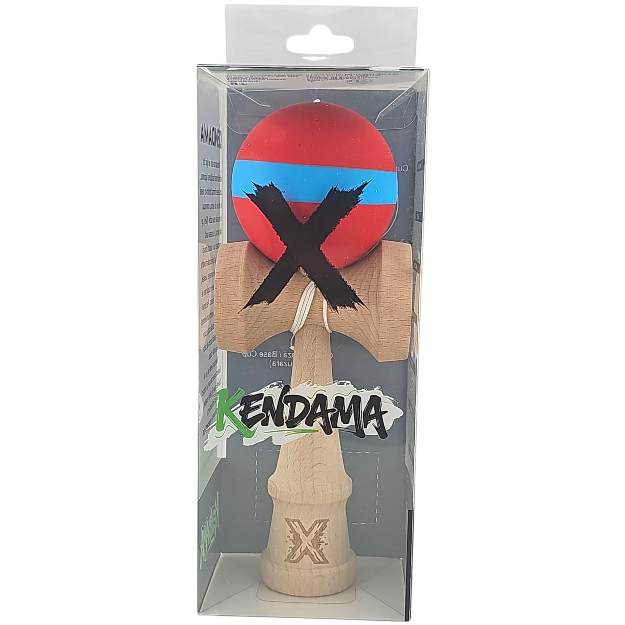 Kendama X Originala, Profesionala, Flippy, 18 cm, din Lemn, Rubber Grip, Rosu/Albastru