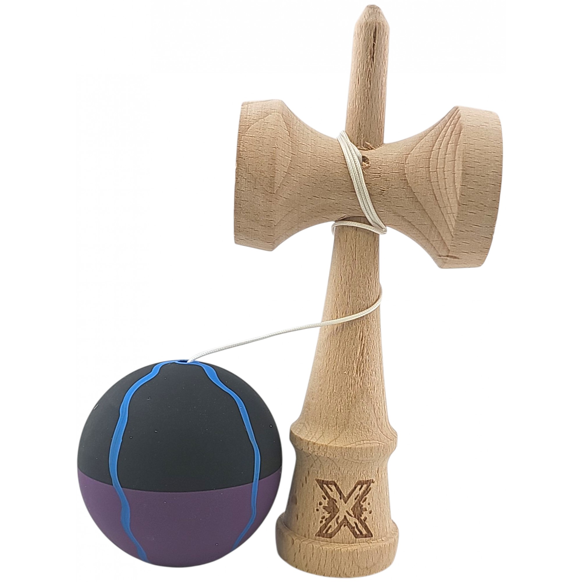 Kendama X Originala, Profesionala, Flippy, din Lemn, Rubber Grip, 18 cm, Negru/Mov/Albastru Kendama X Originala, Profesionala, Flippy, din Lemn, Rubber Grip, 18 cm, Negru/Mov/Albastru