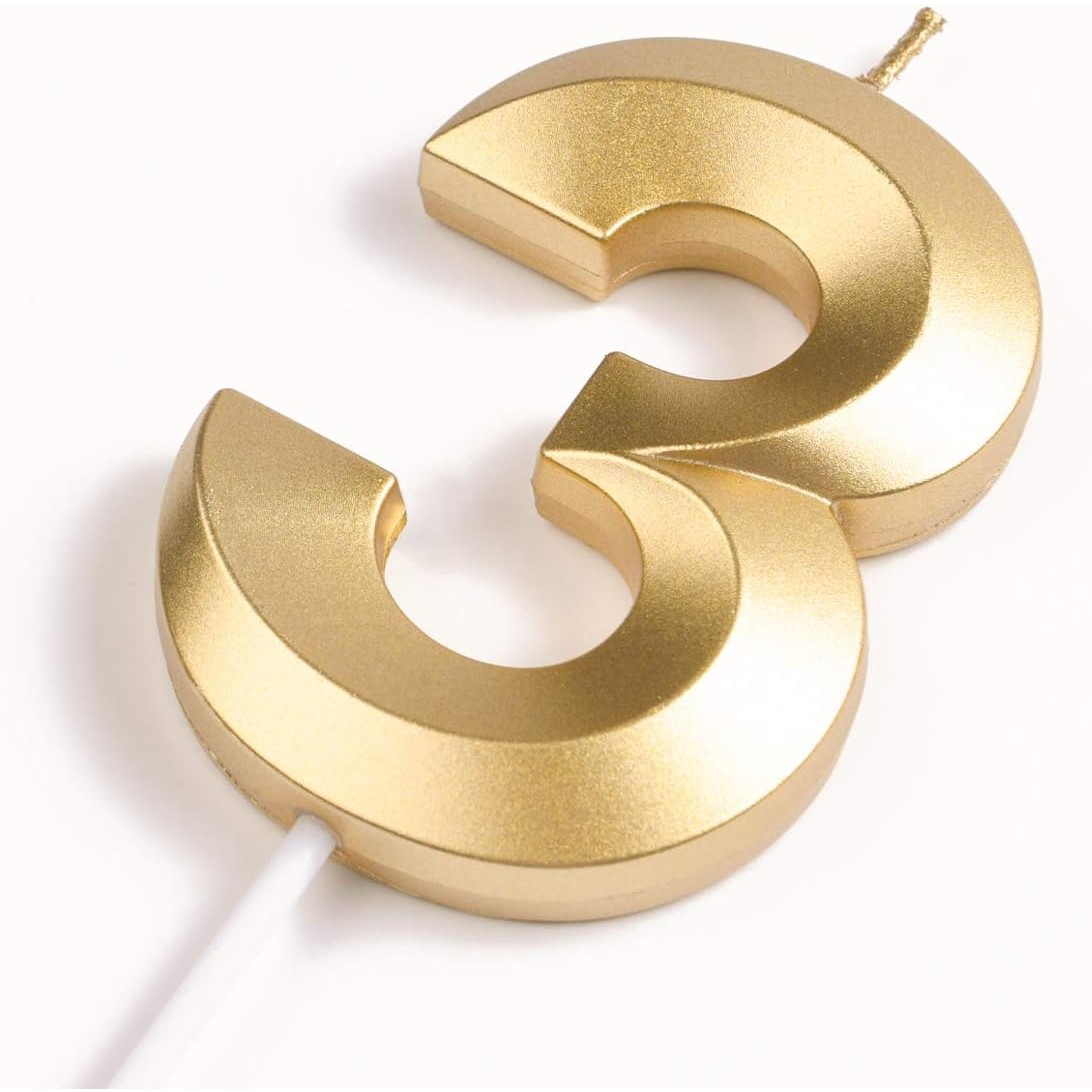 Lumanare Cifra 3, Flippy, Model Diamond, 5 x 3.4 cm, Auriu