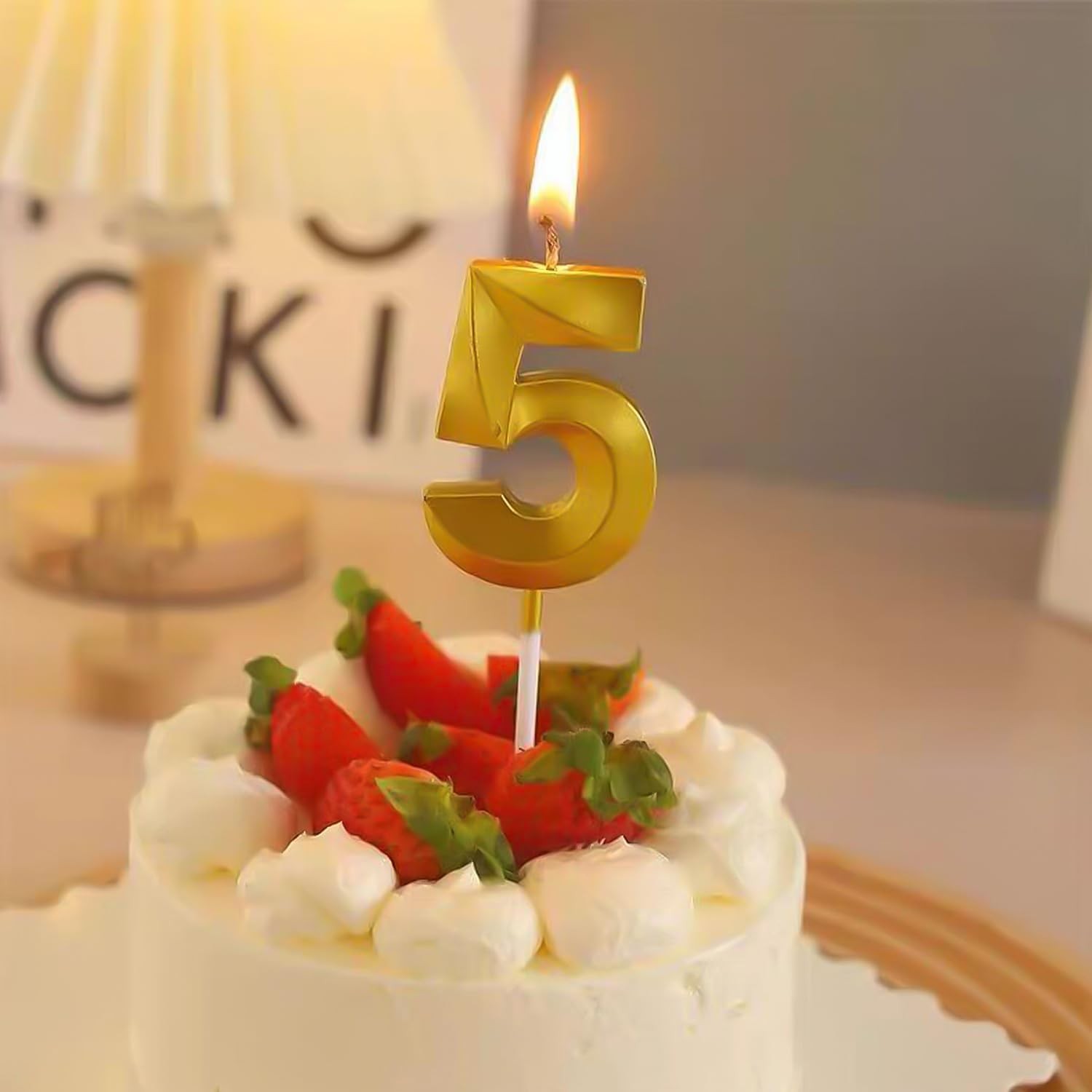 Lumanare Cifra 5, Flippy, Model Diamond, 5 x 3.4 cm, Auriu